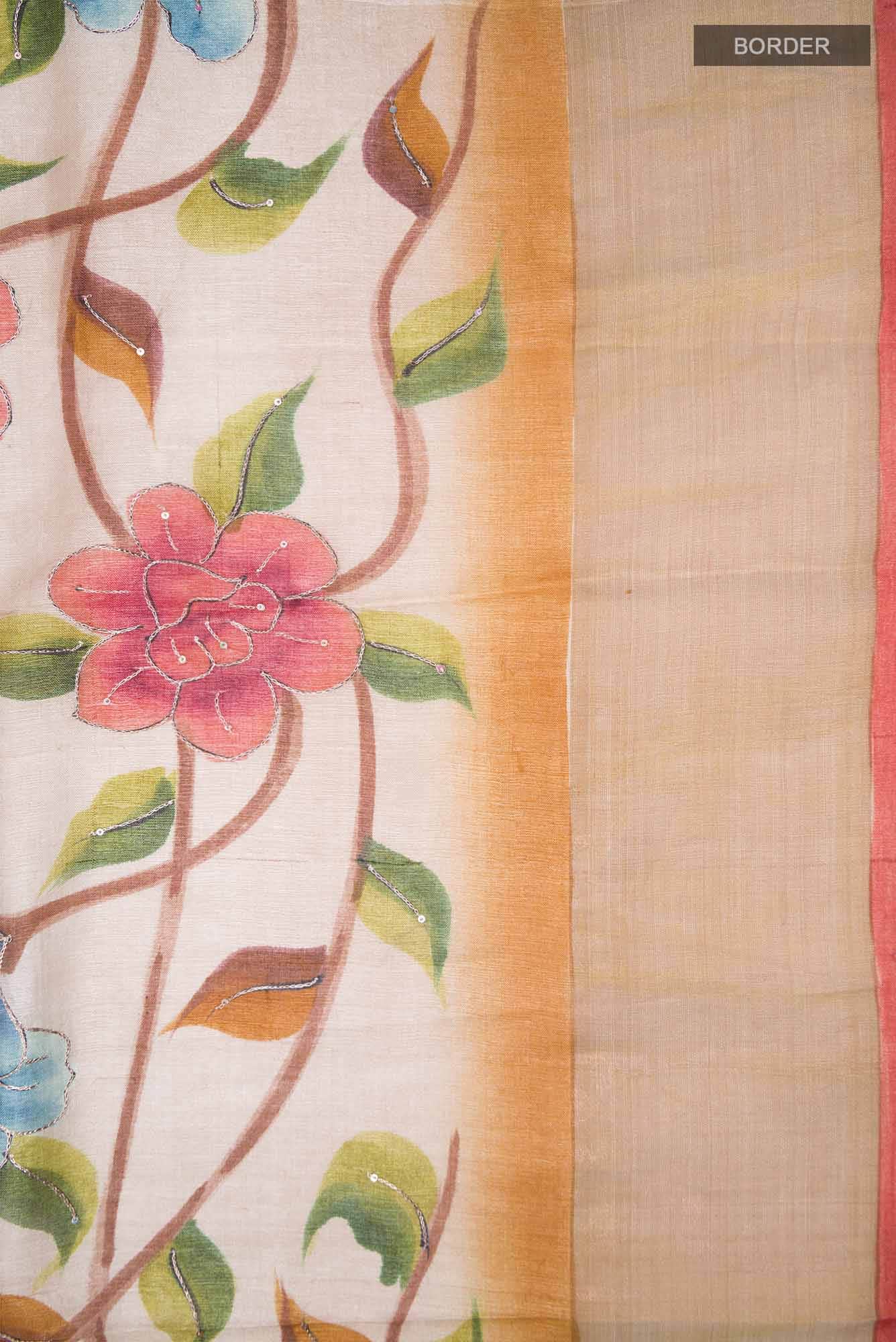 Cream Tussar Silk Saree