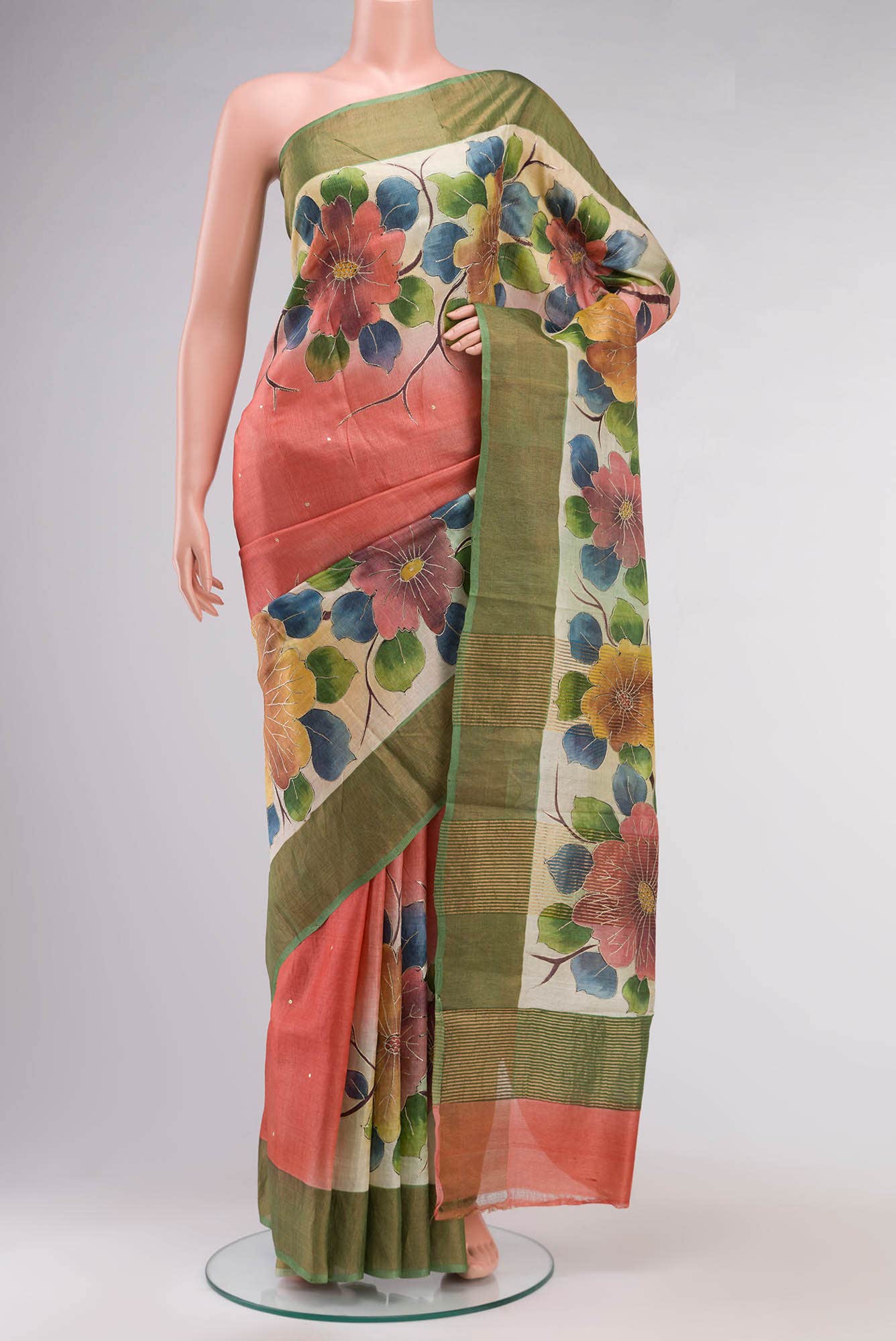 Coral Bhagalpuri Tussar Silk Saree