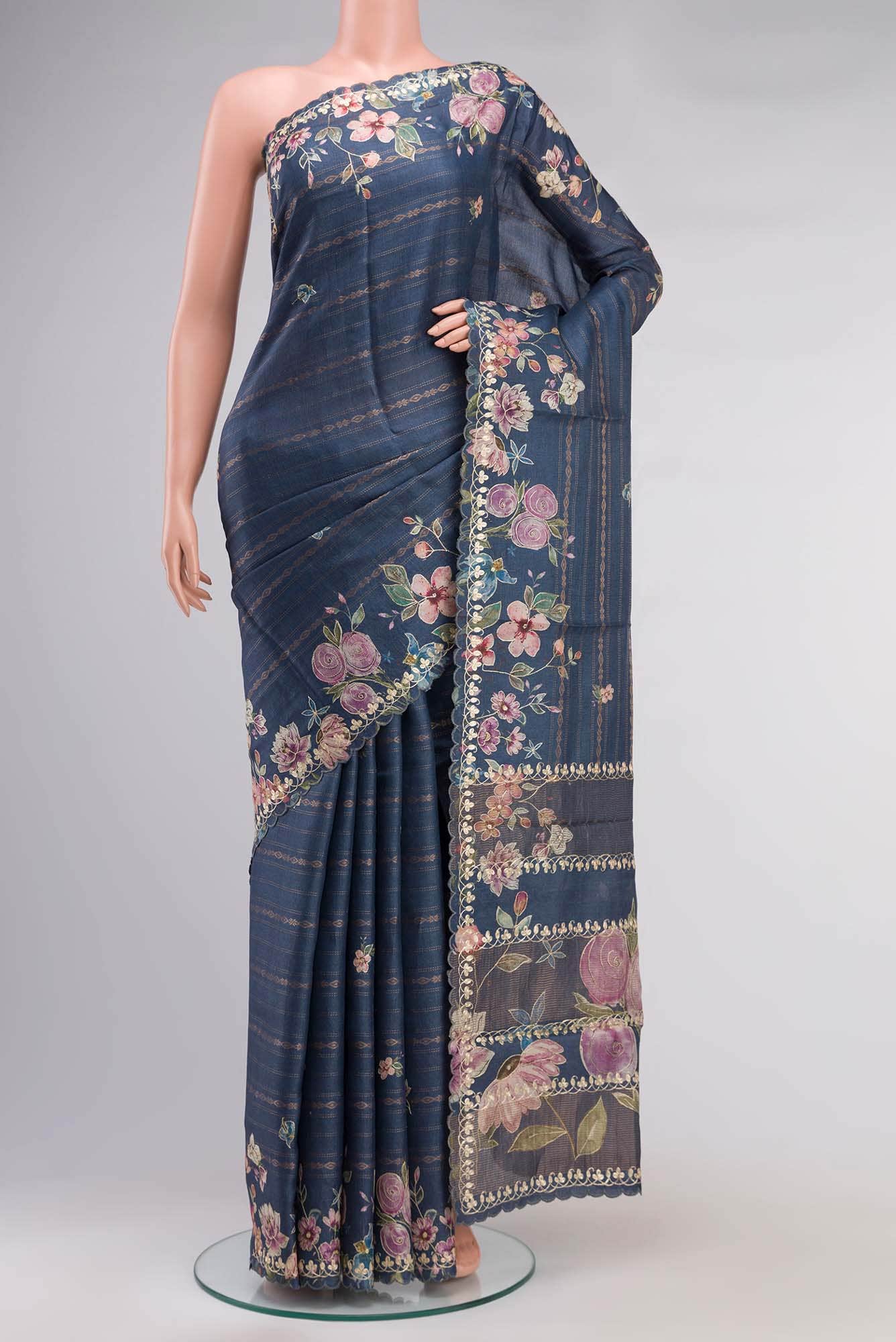 Blue Grey Bhagalpuri Tussar Silk Saree
