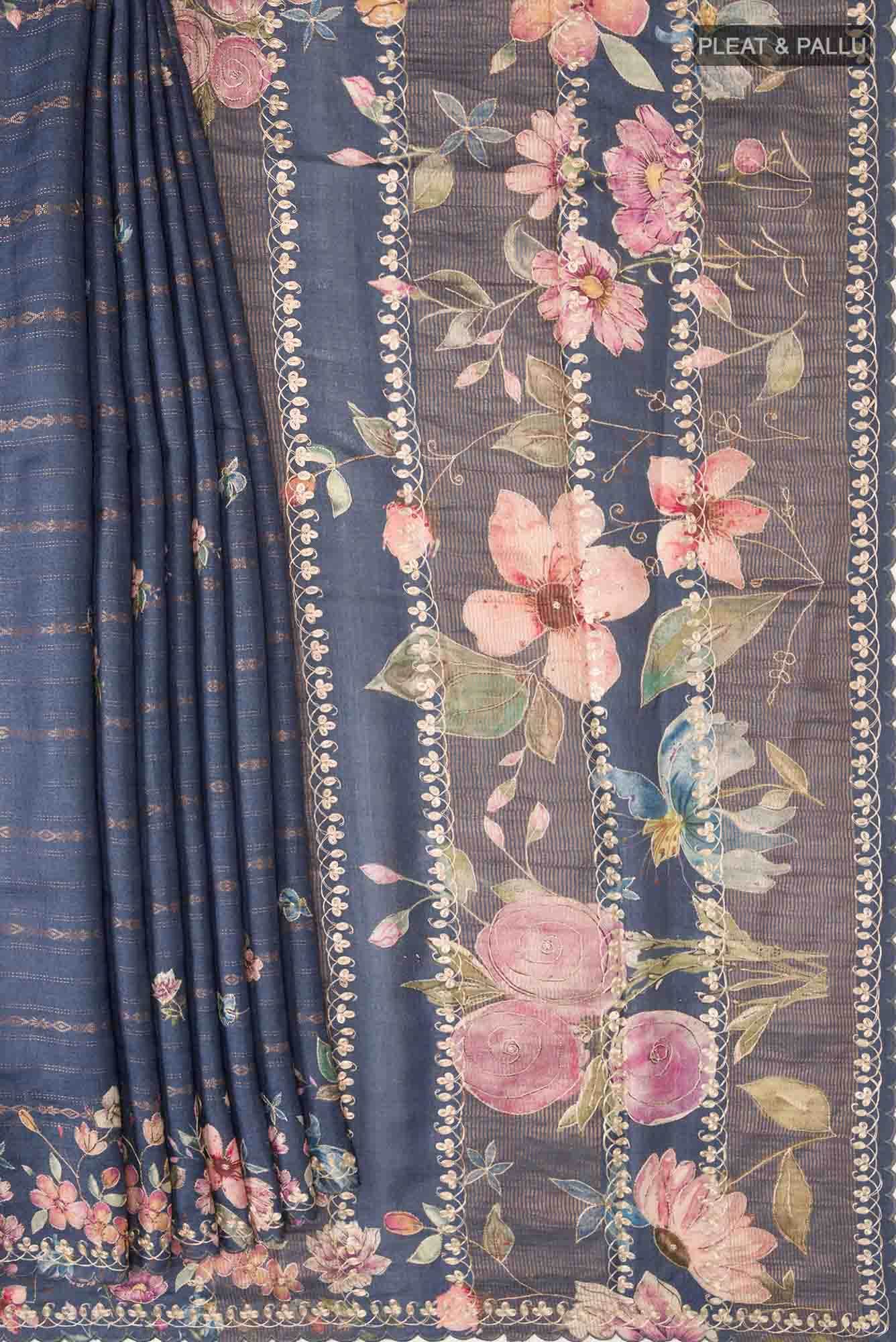 Blue Grey Bhagalpuri Tussar Silk Saree