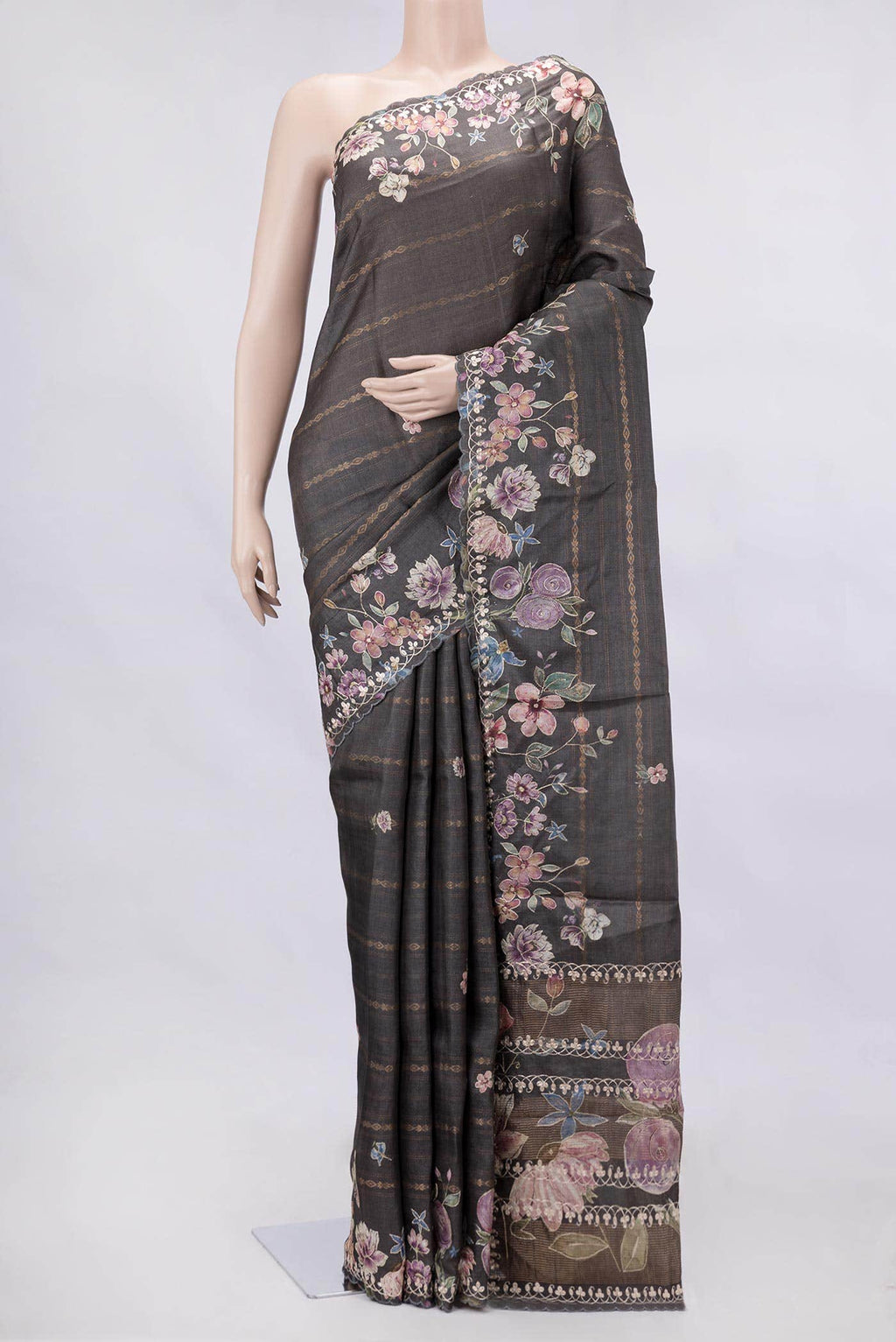 Grey Tussar Silk Saree