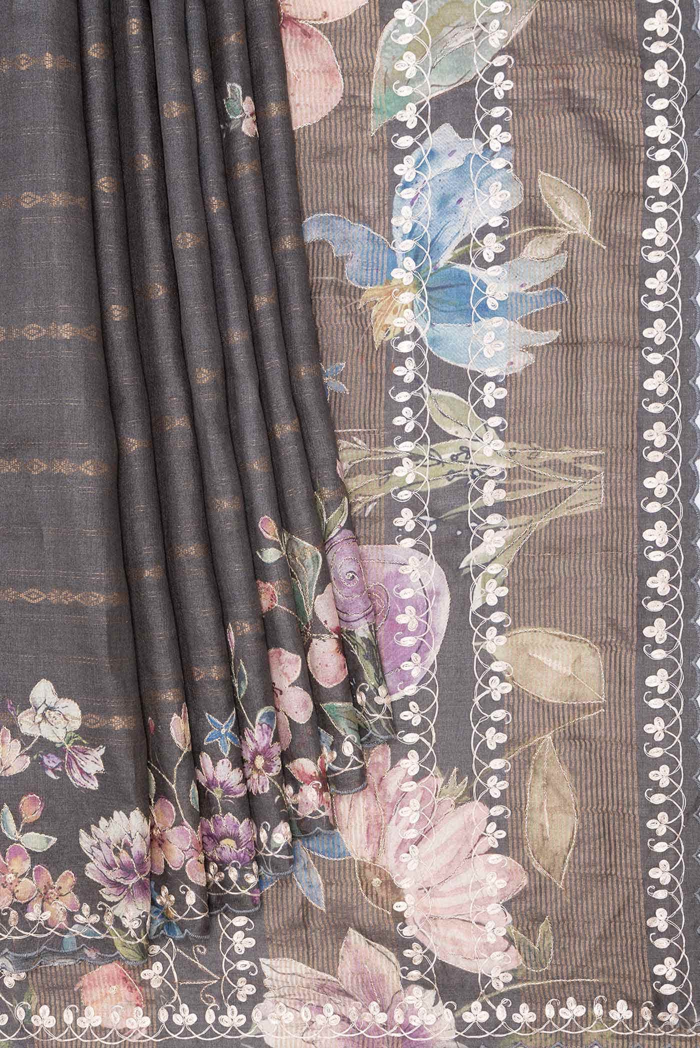 Grey Tussar Silk Saree