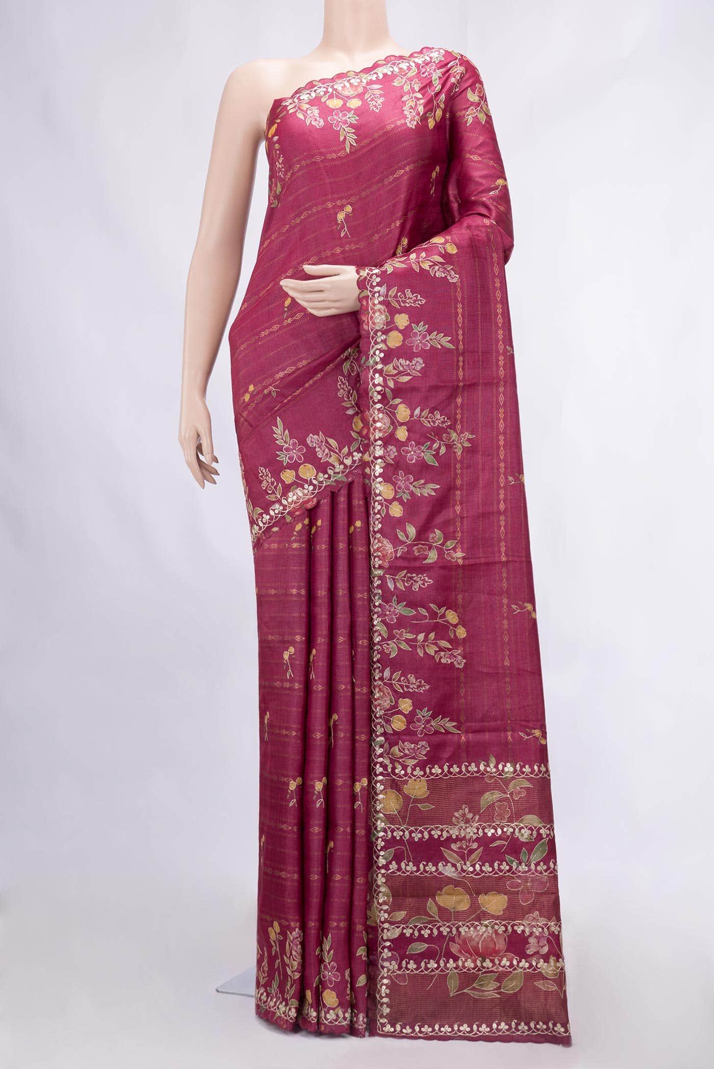 Pink Tussar Silk Saree