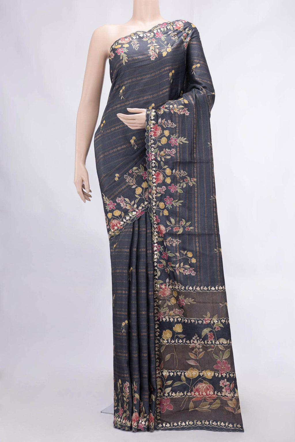 Blue Grey Tussar Silk Saree