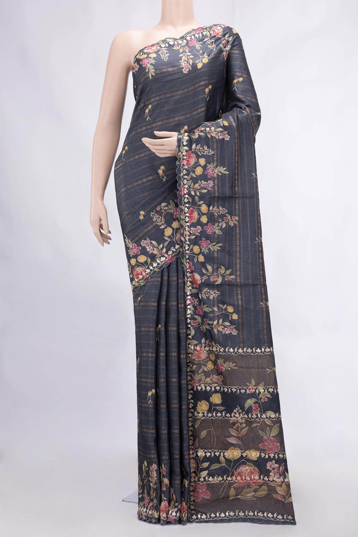 Blue Grey Tussar Silk Saree