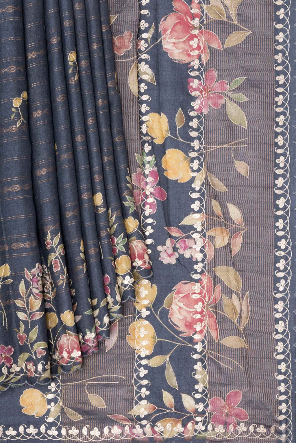 Blue Grey Tussar Silk Saree