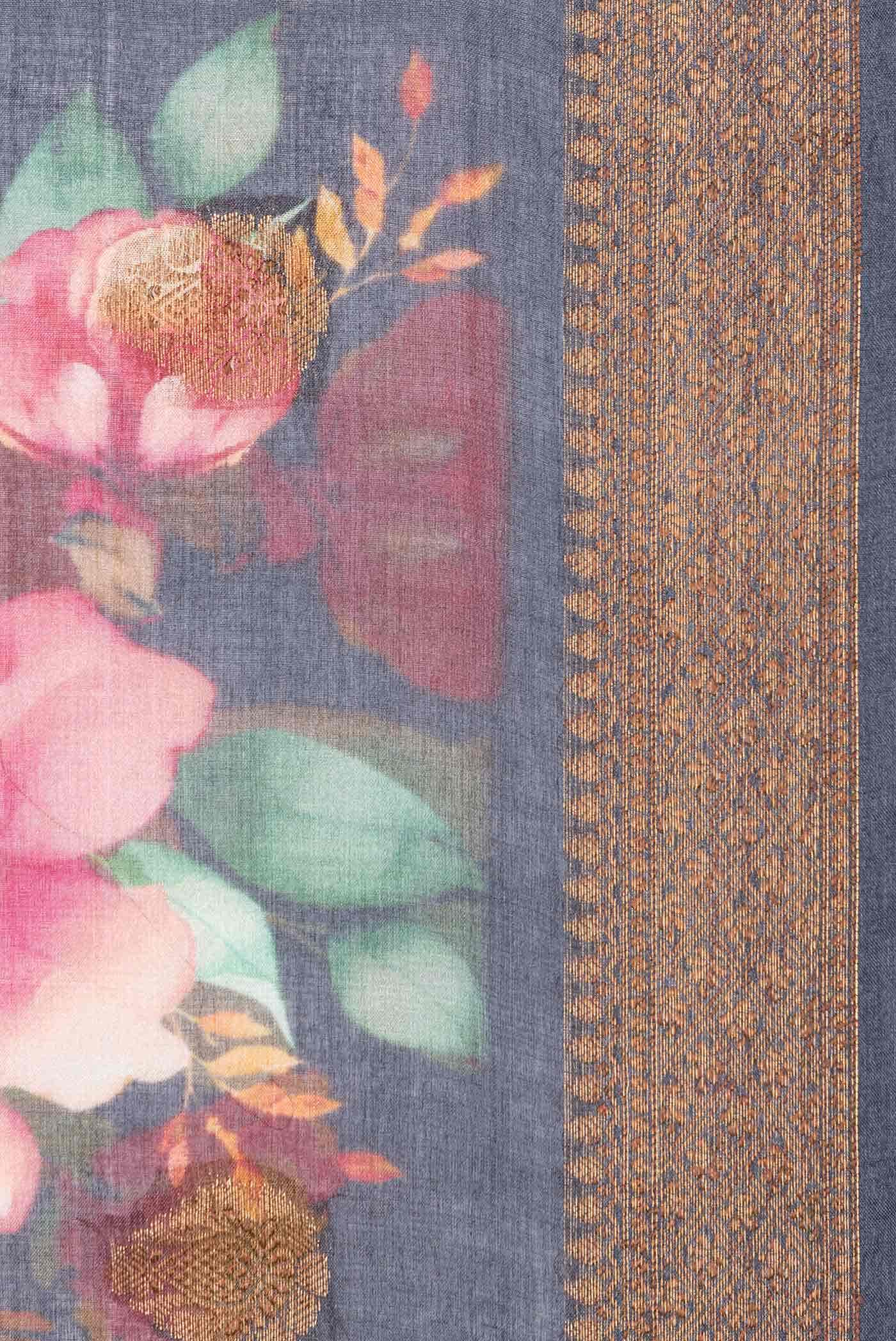 Navy Blue Tussar Silk Saree