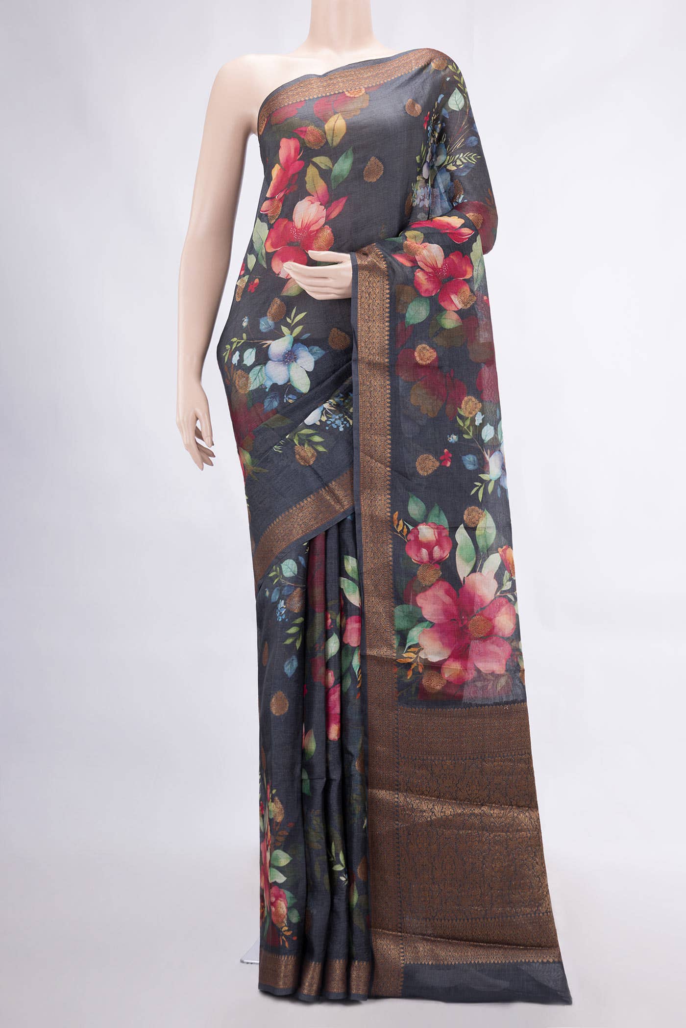 Navy Blue Tussar Silk Saree