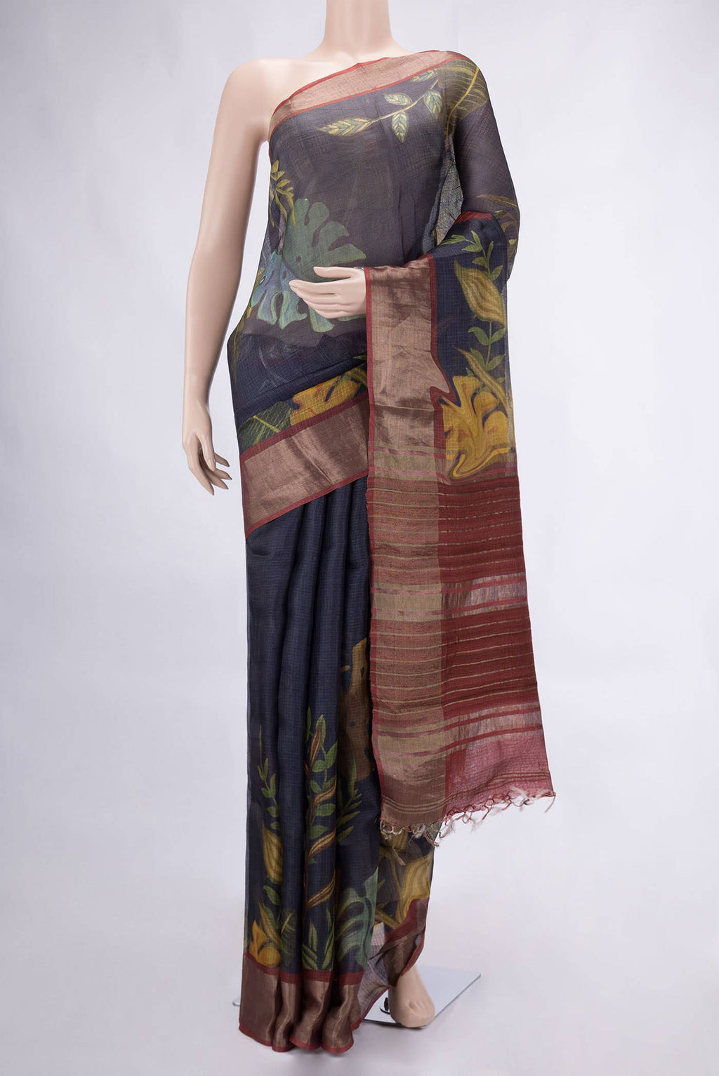 Navy Blue Tussar Silk Saree