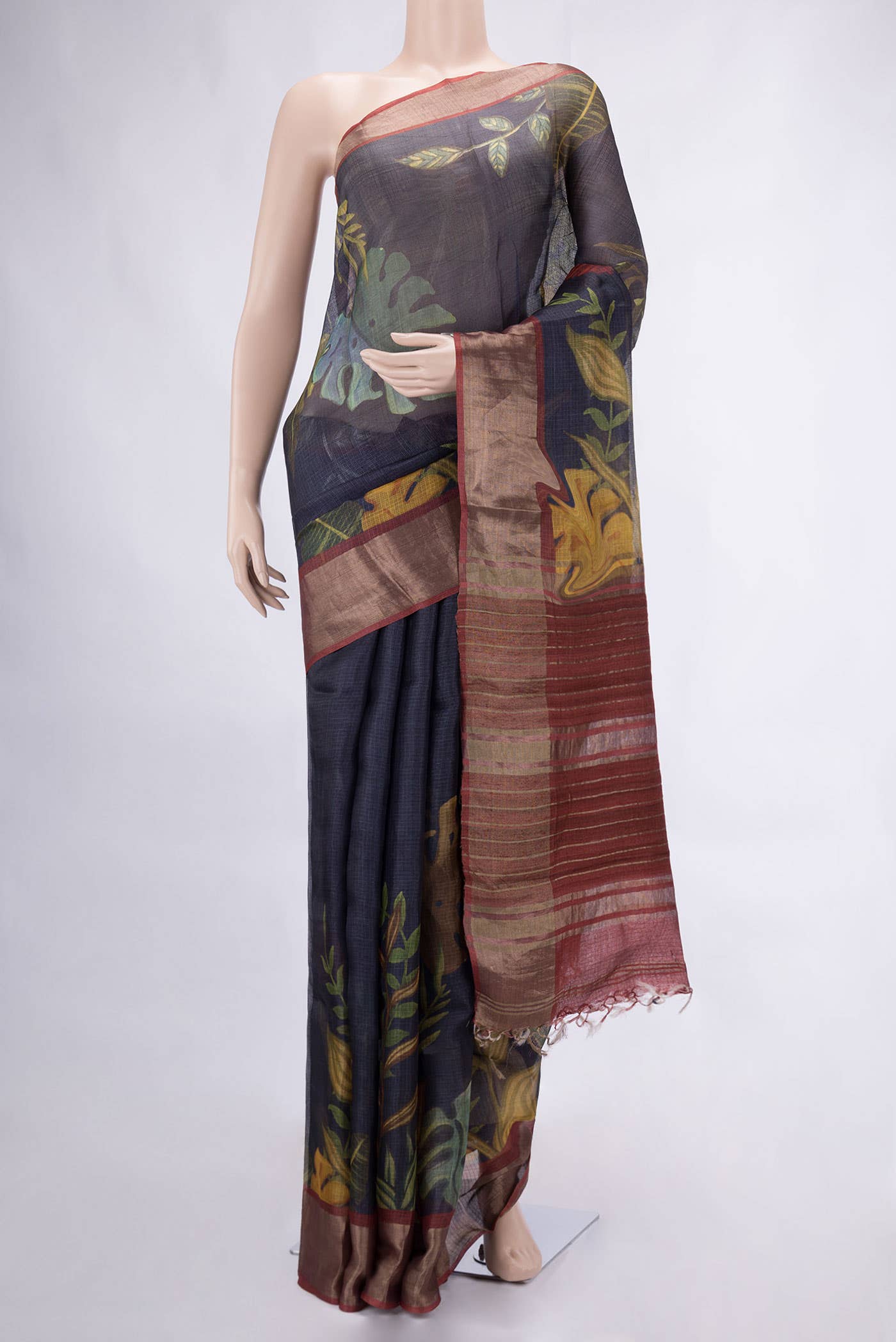 Navy Blue Tussar Silk Saree