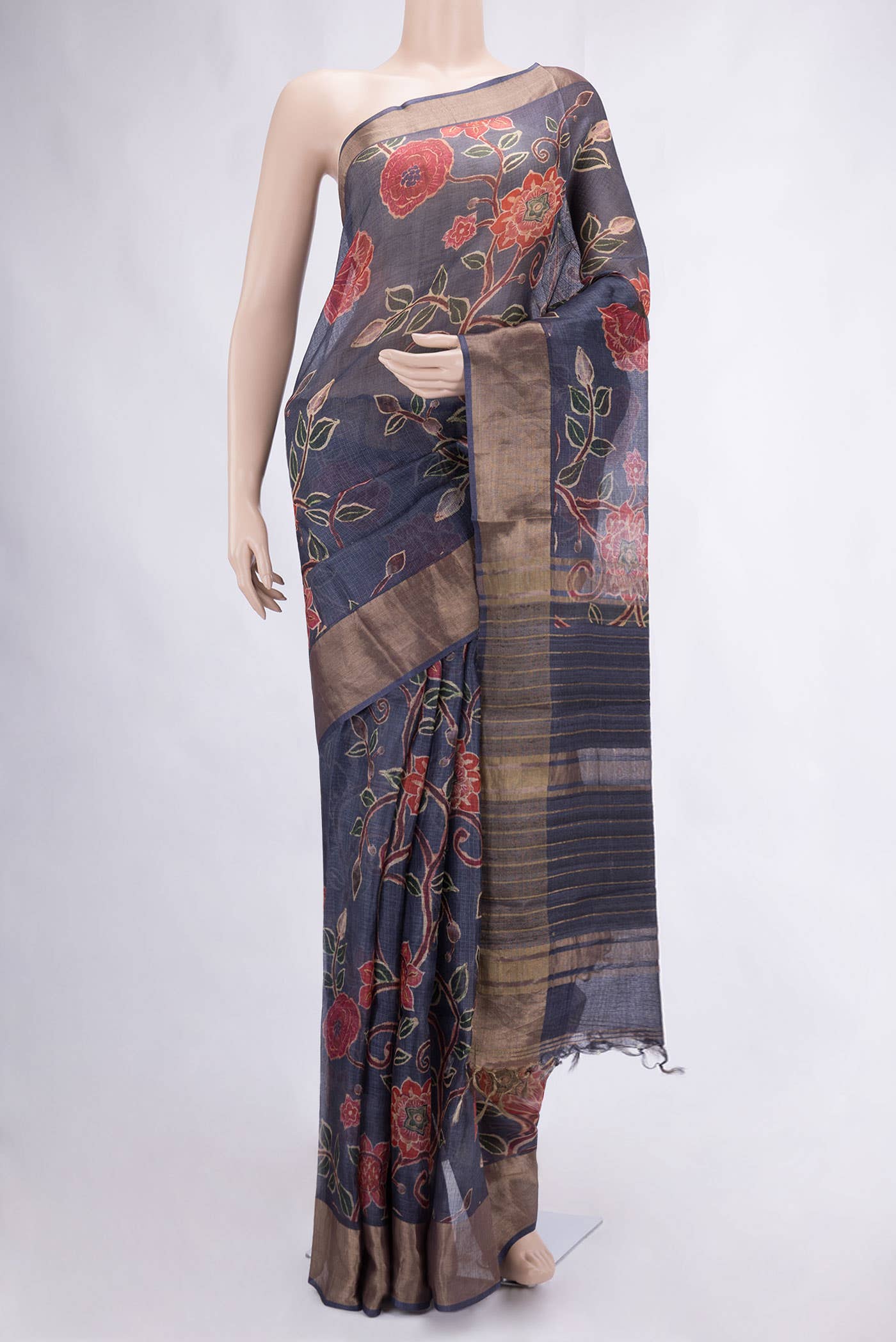 Navy Blue Tussar Silk Saree