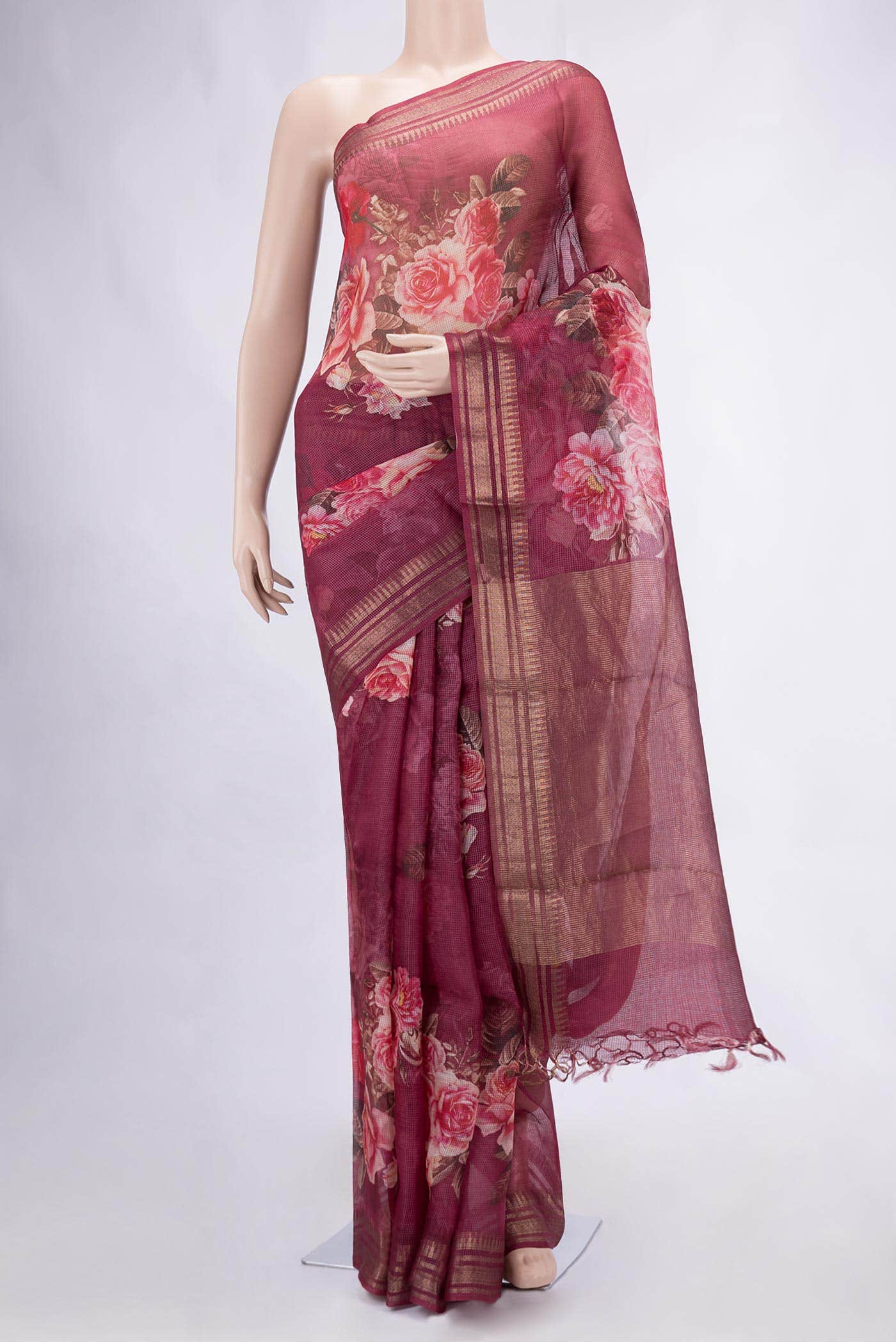 Dark Pink Tussar Silk Saree