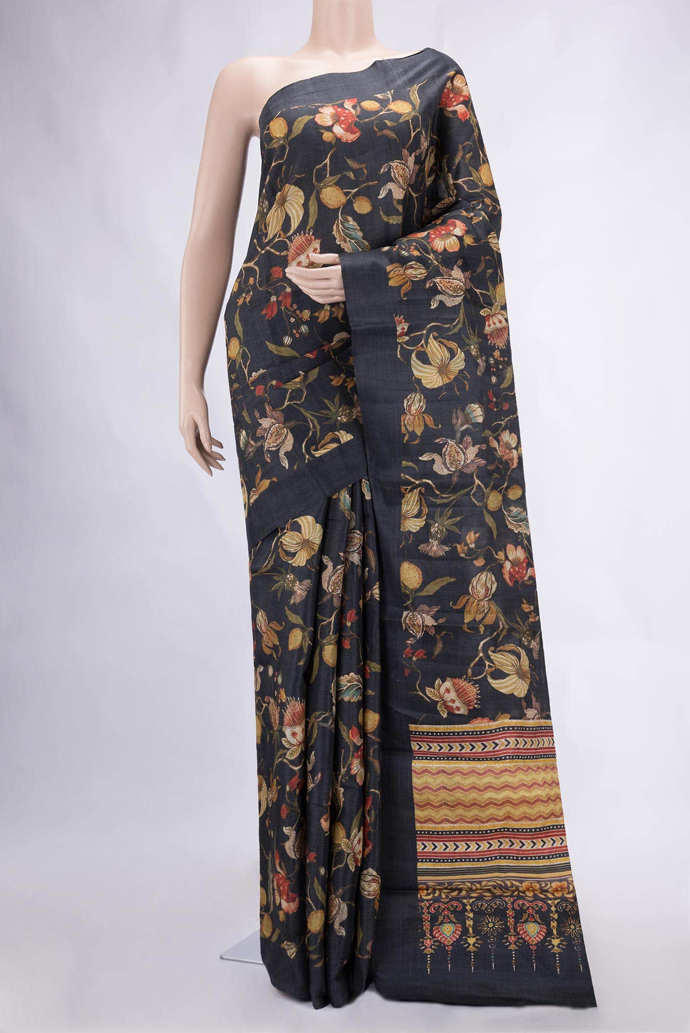 Navy Blue Tussar Silk Saree