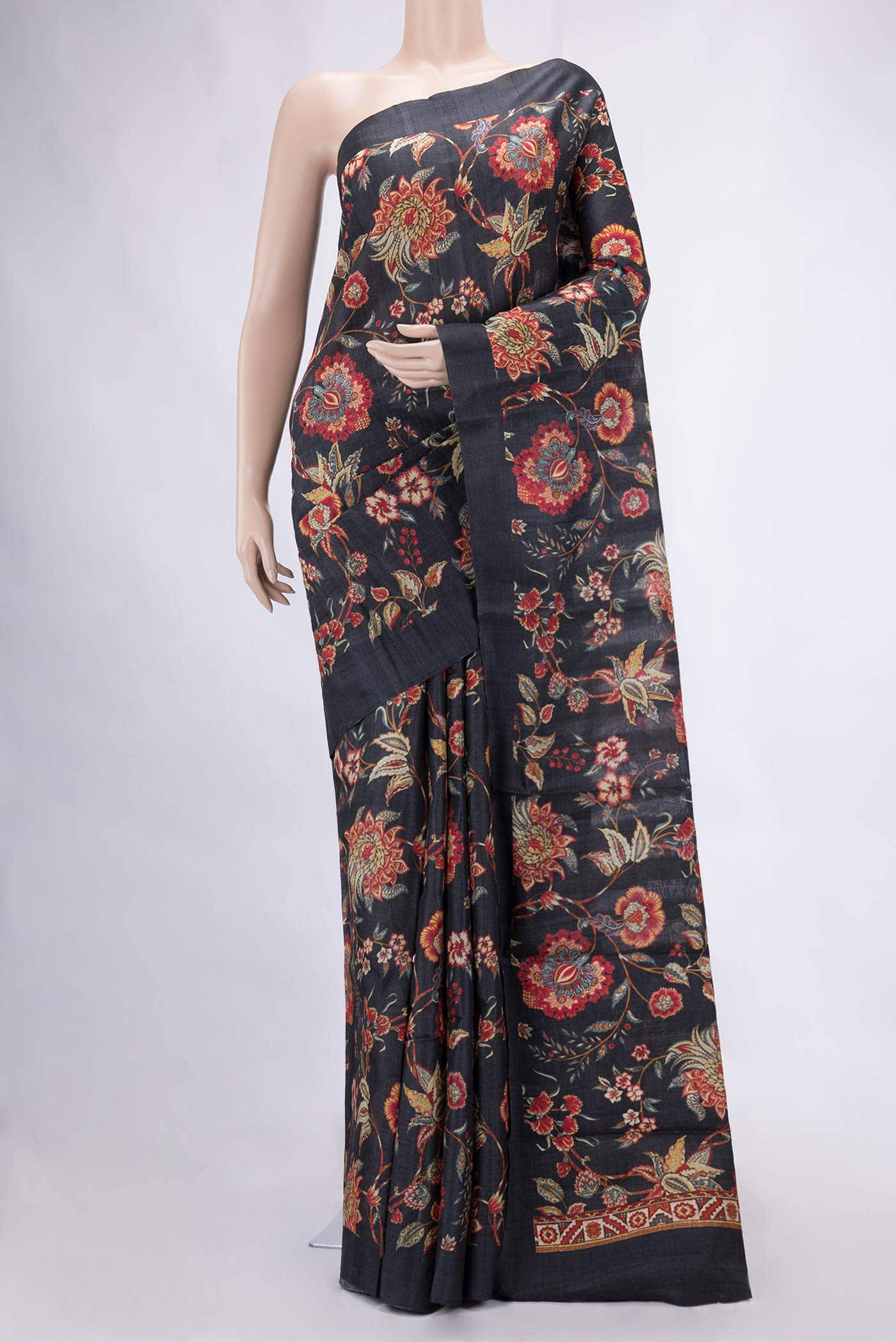 Navy Blue Tussar Silk Saree