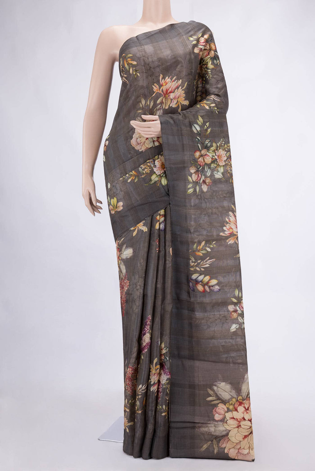 Grey Tussar Silk Saree