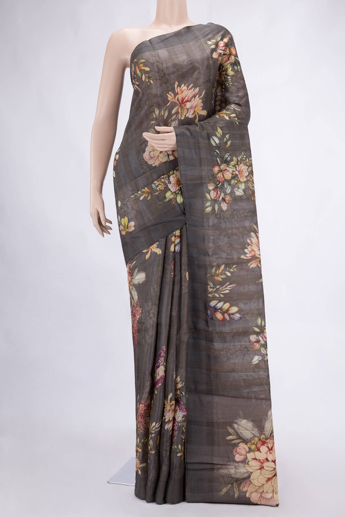 Grey Tussar Silk Saree