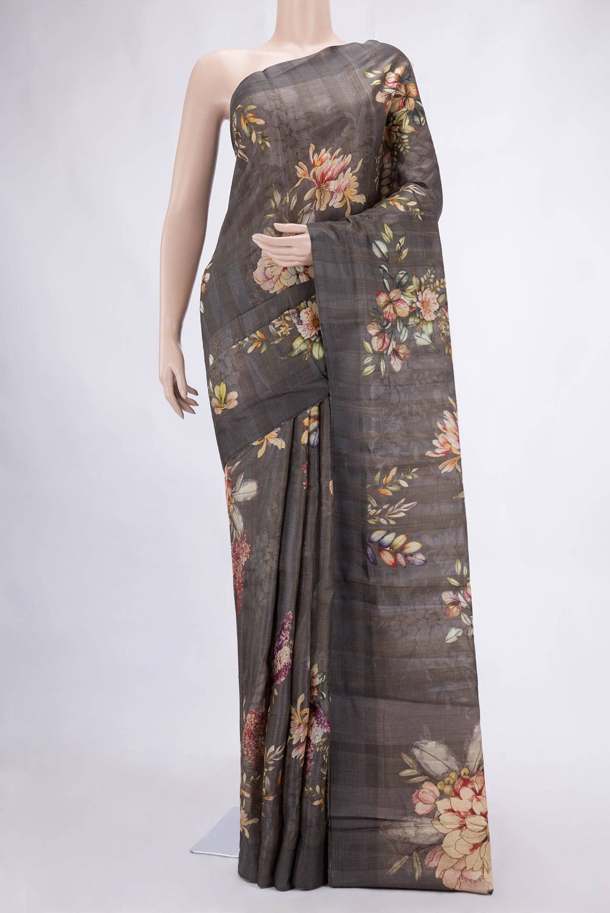 Grey Tussar Silk Saree