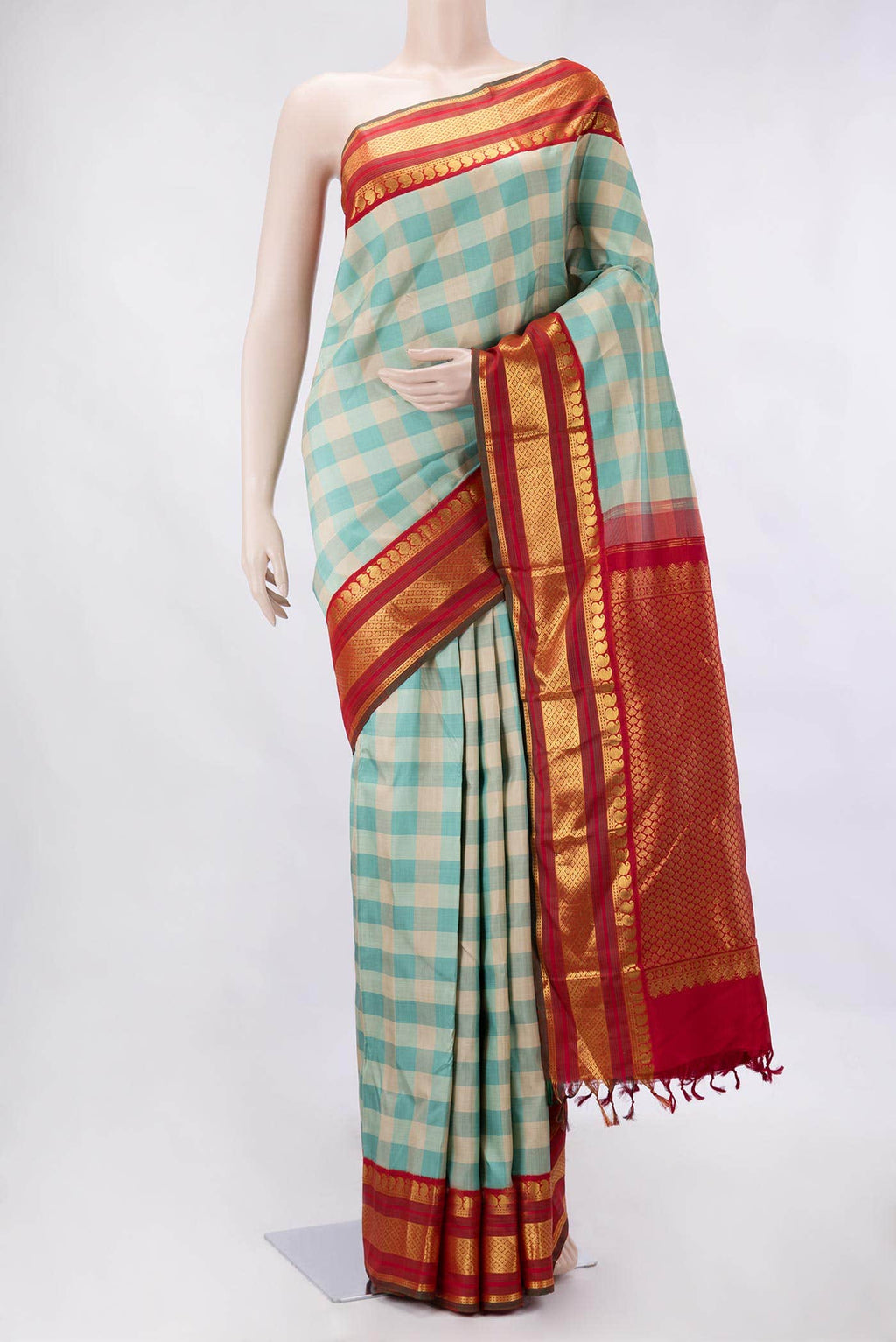 Pure Silk Pure Zari Beige and Sky Blue Dual Tone Kanchipuram Saree