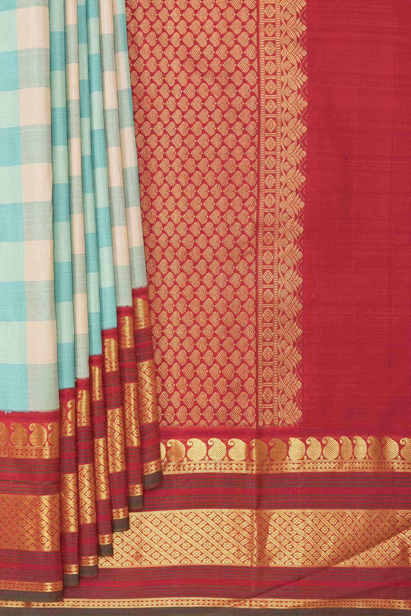 Pure Silk Pure Zari Beige and Sky Blue Dual Tone Kanchipuram Saree