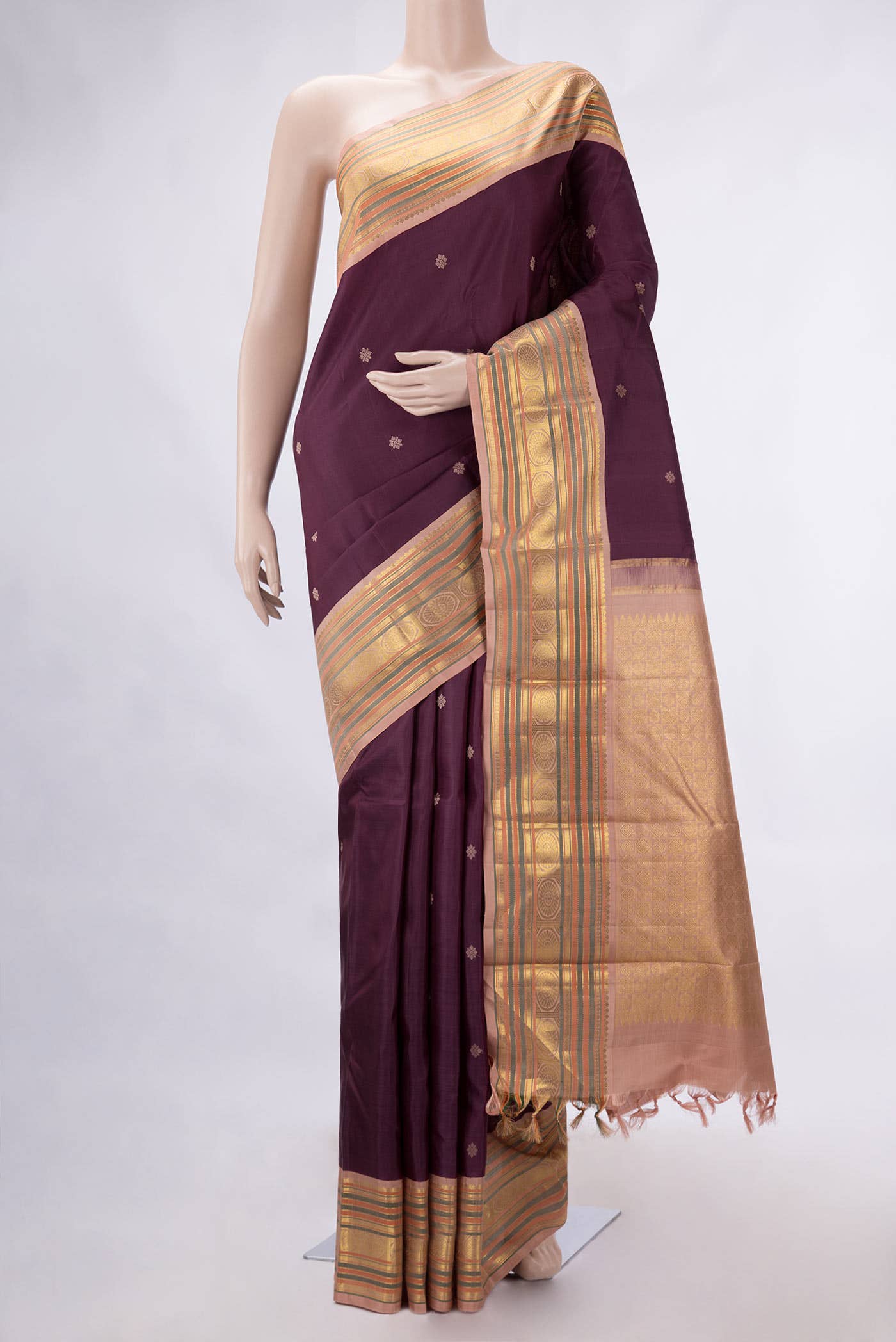 Pure Silk Pure Zari Burgundy Dual Tone Kanchipuram Saree