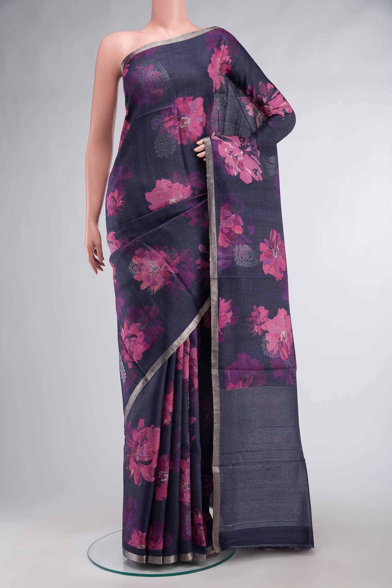 Navy Blue Bhagalpuri Tussar Silk Saree