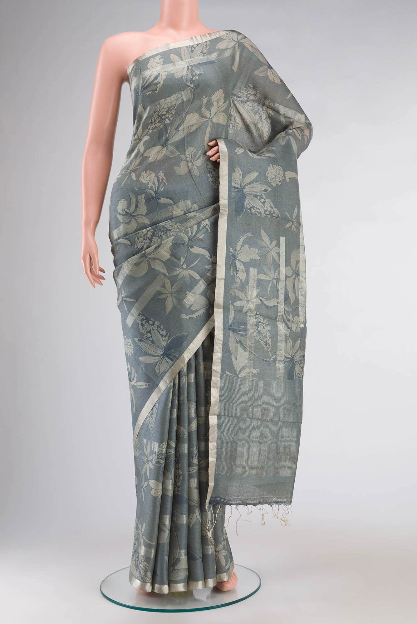 Grey Tussar Silk Saree