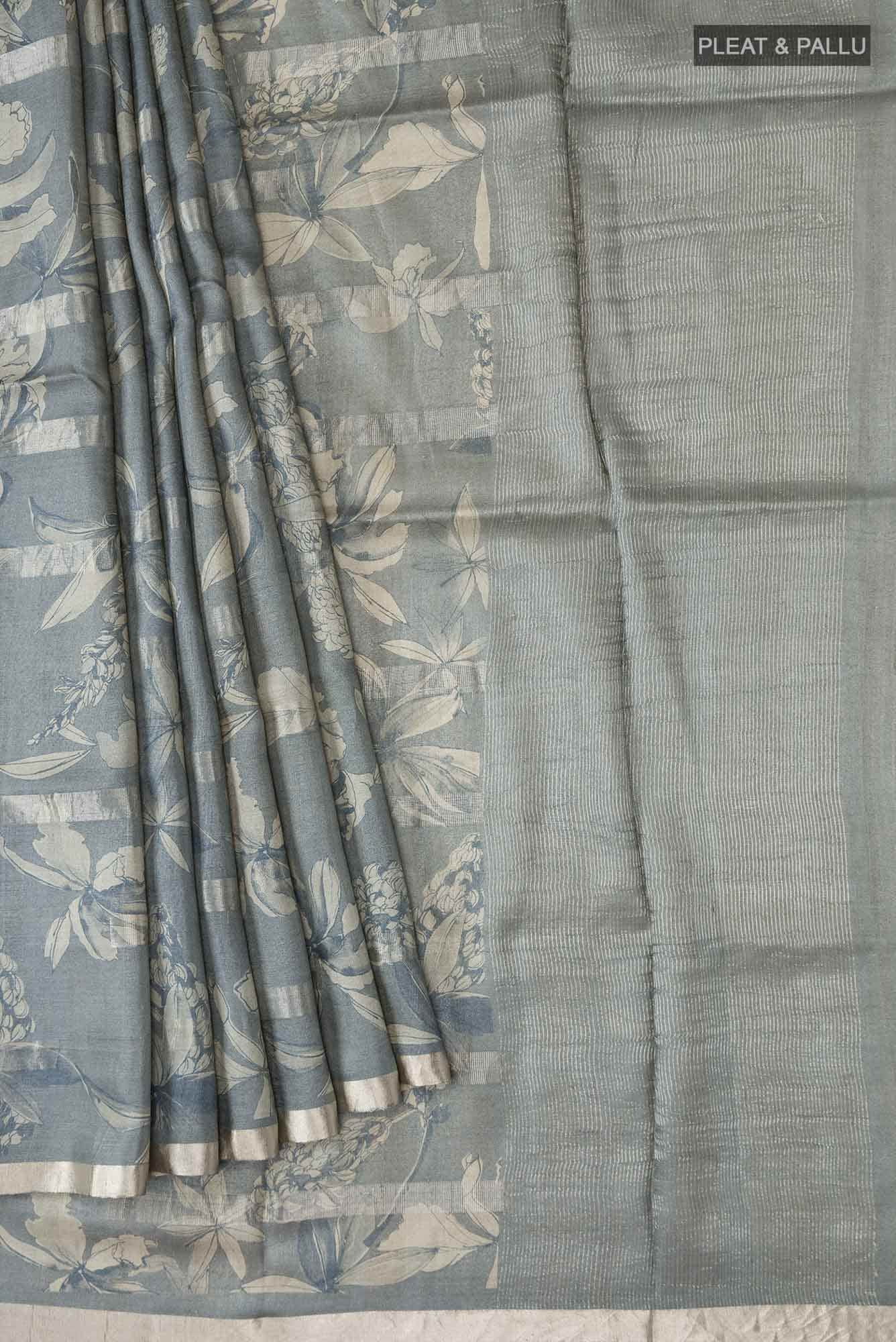 Grey Tussar Silk Saree