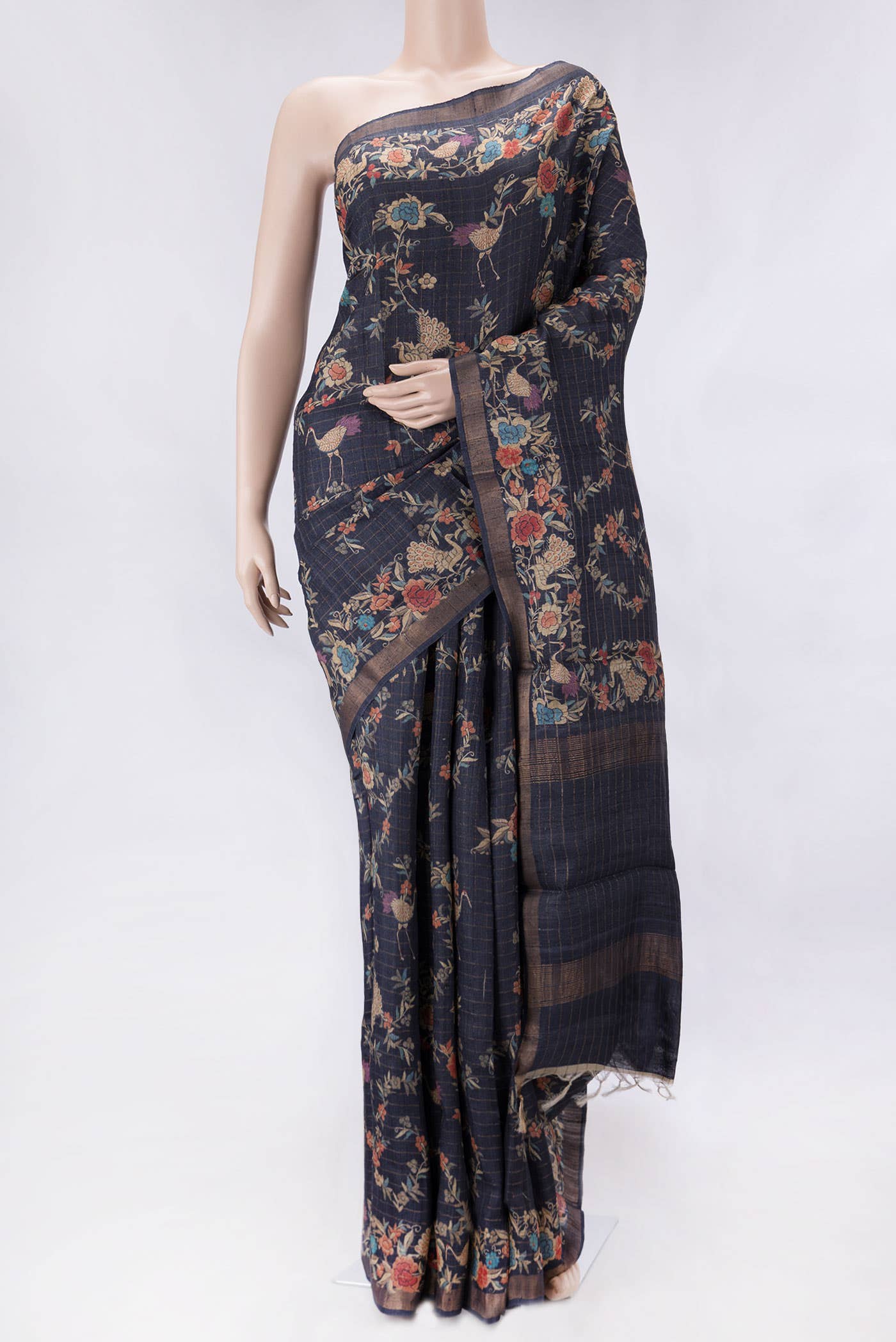 Navy Blue Dual Tone Tussar Silk Saree