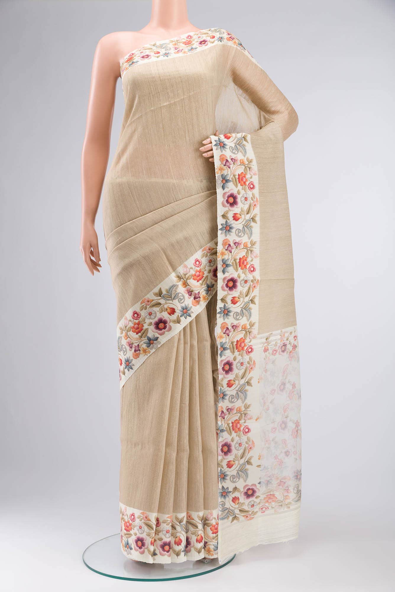 Beige Tussar Silk Saree