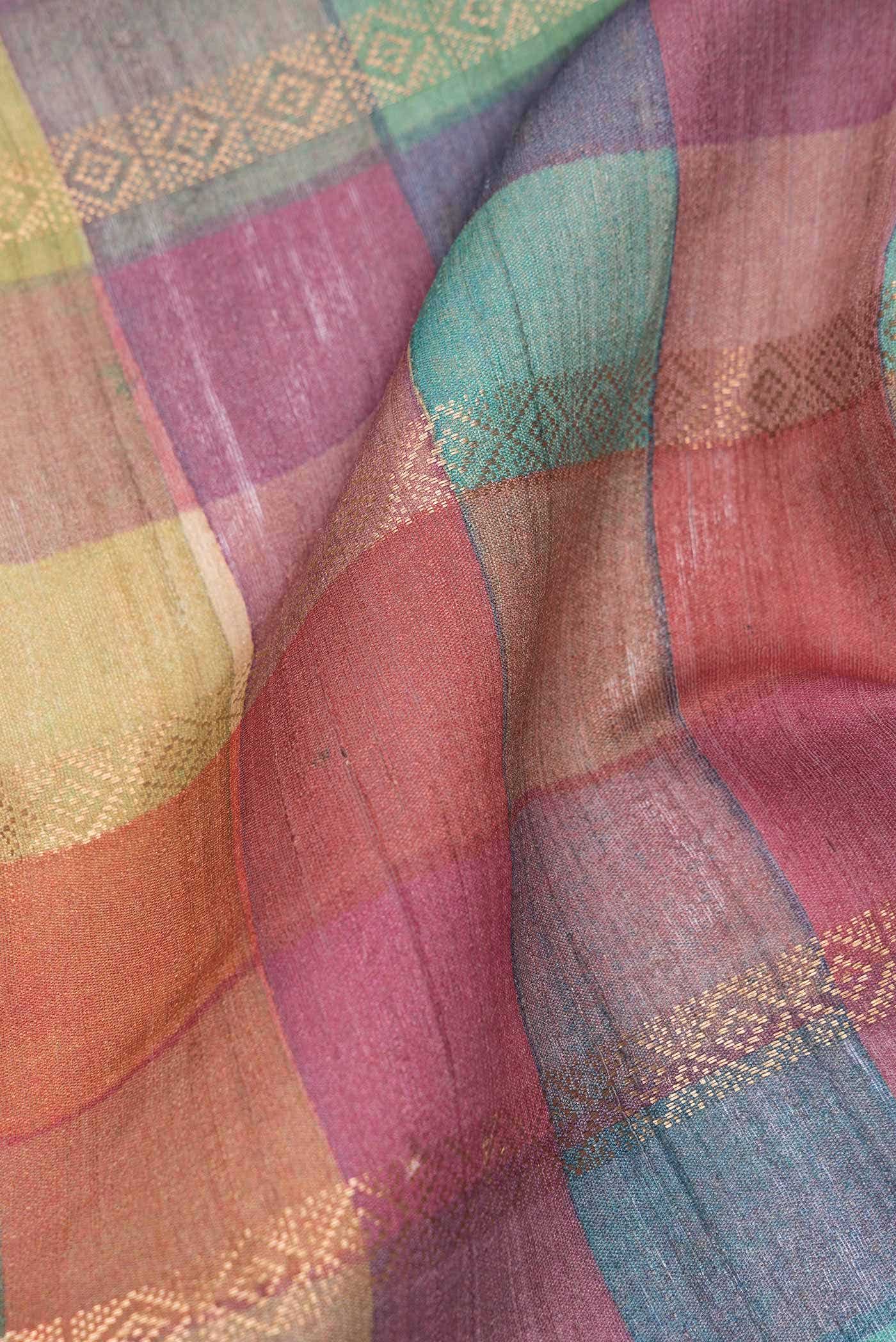 Dark Pink  Green and Mustard Dual Tone Tussar Silk Saree