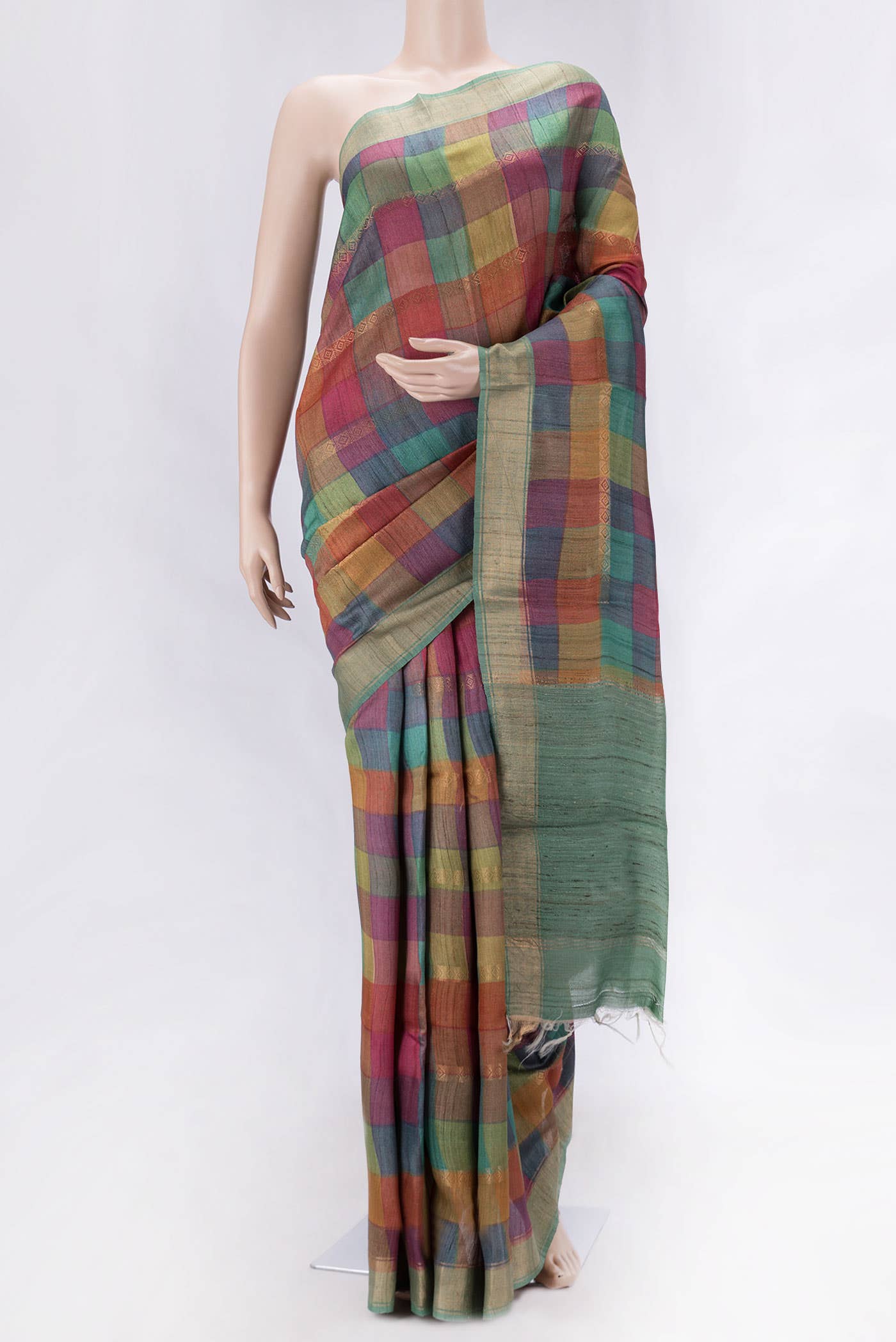 Dark Pink  Green and Mustard Dual Tone Tussar Silk Saree