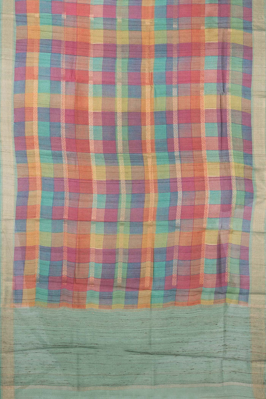 Dark Pink  Green and Mustard Dual Tone Tussar Silk Saree