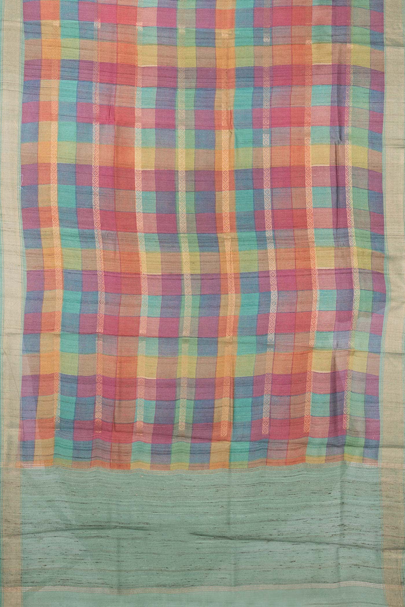 Dark Pink  Green and Mustard Dual Tone Tussar Silk Saree