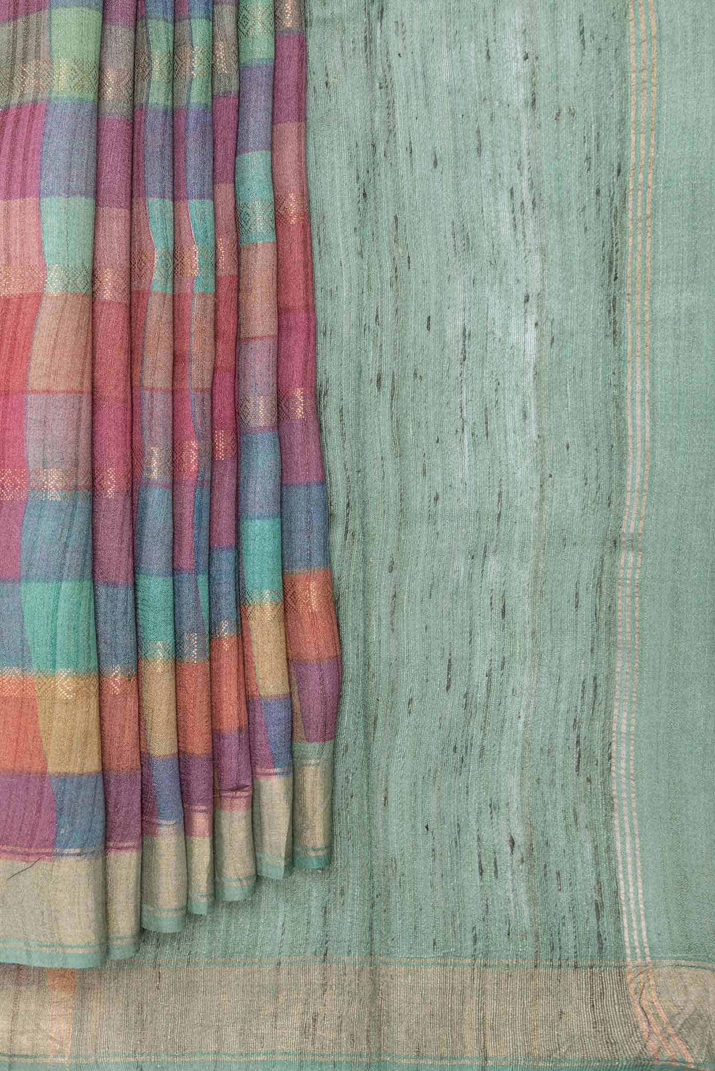 Dark Pink  Green and Mustard Dual Tone Tussar Silk Saree