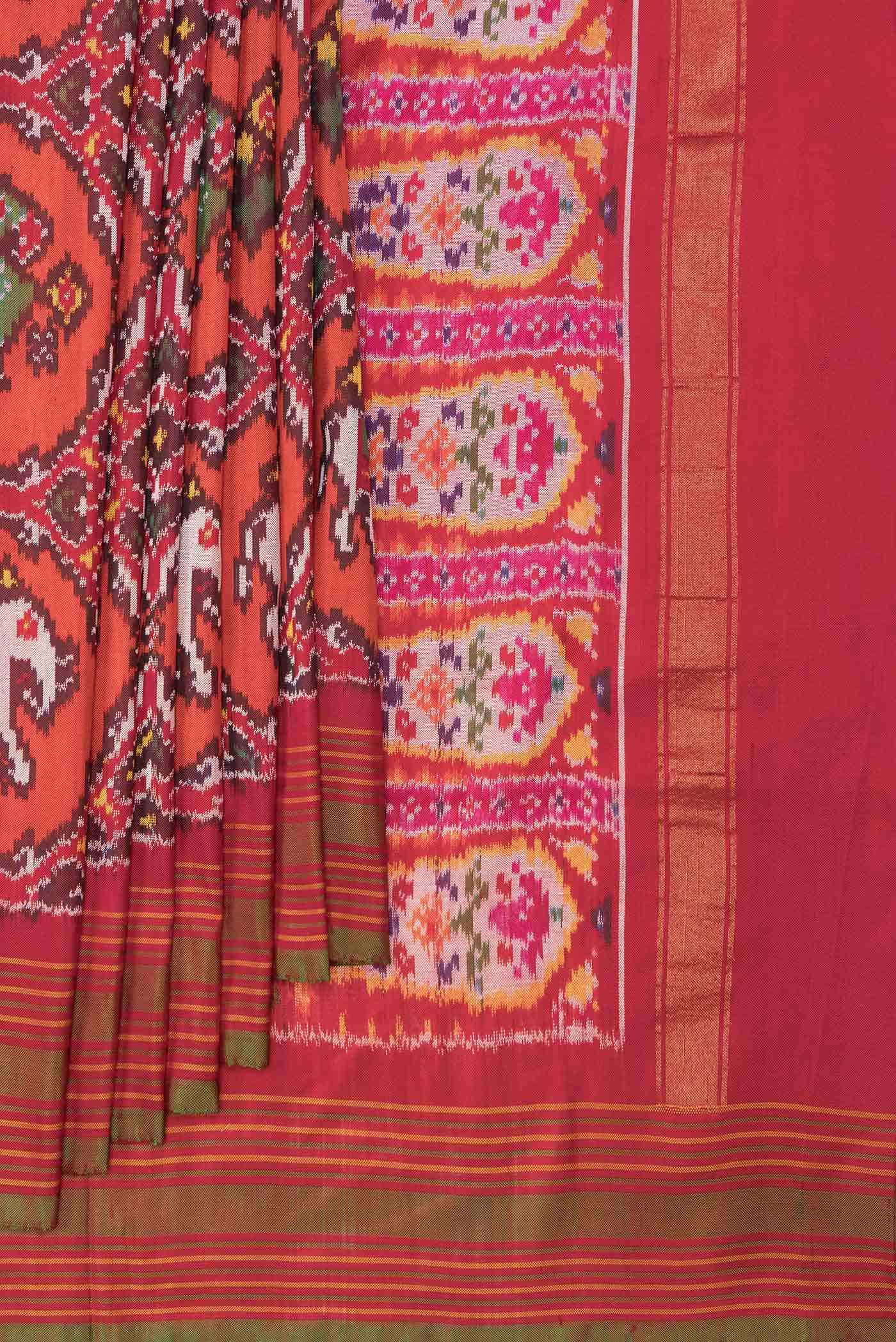 Pure Silk Pure Zari Orange Dual Tone Double Ikat Saree
