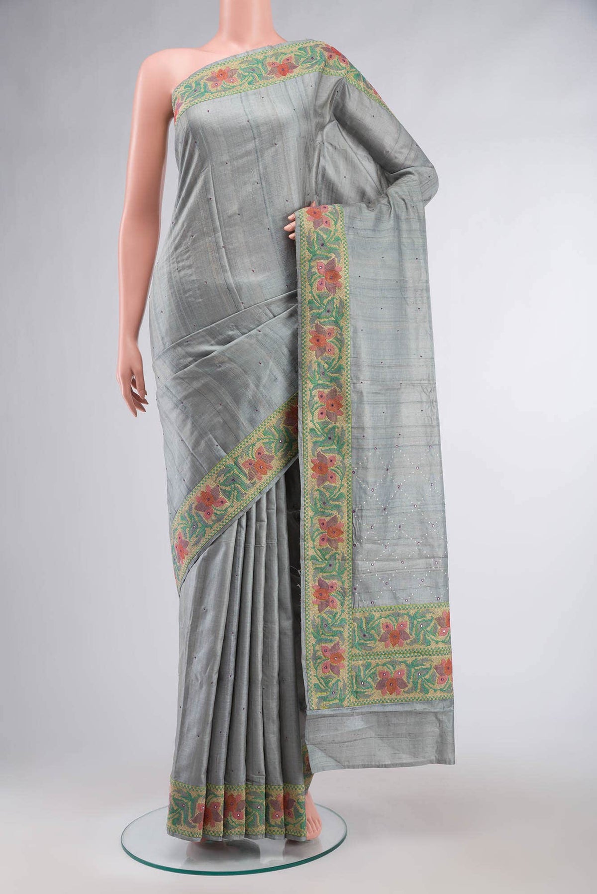 Grey Tussar Silk Saree