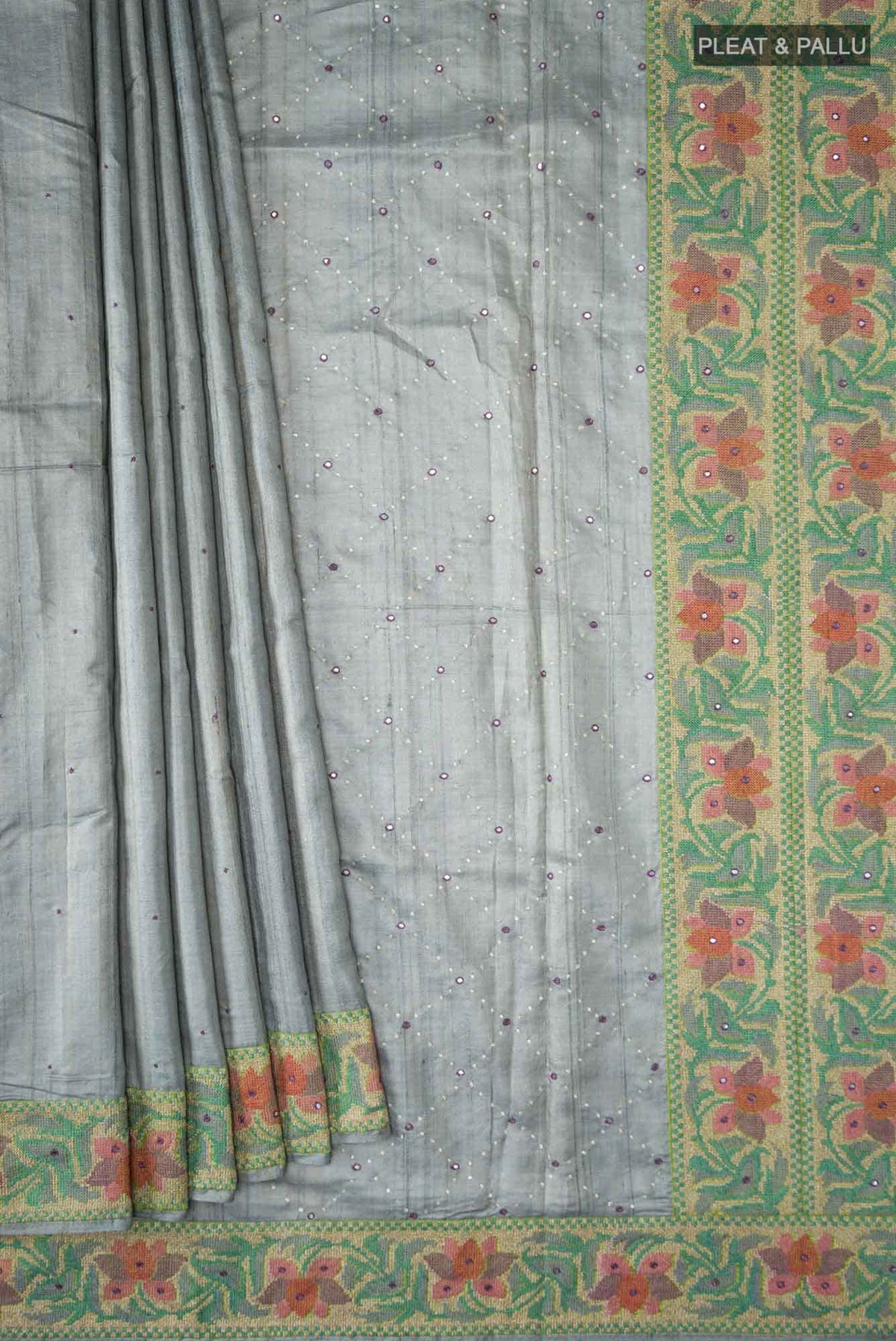 Grey Tussar Silk Saree