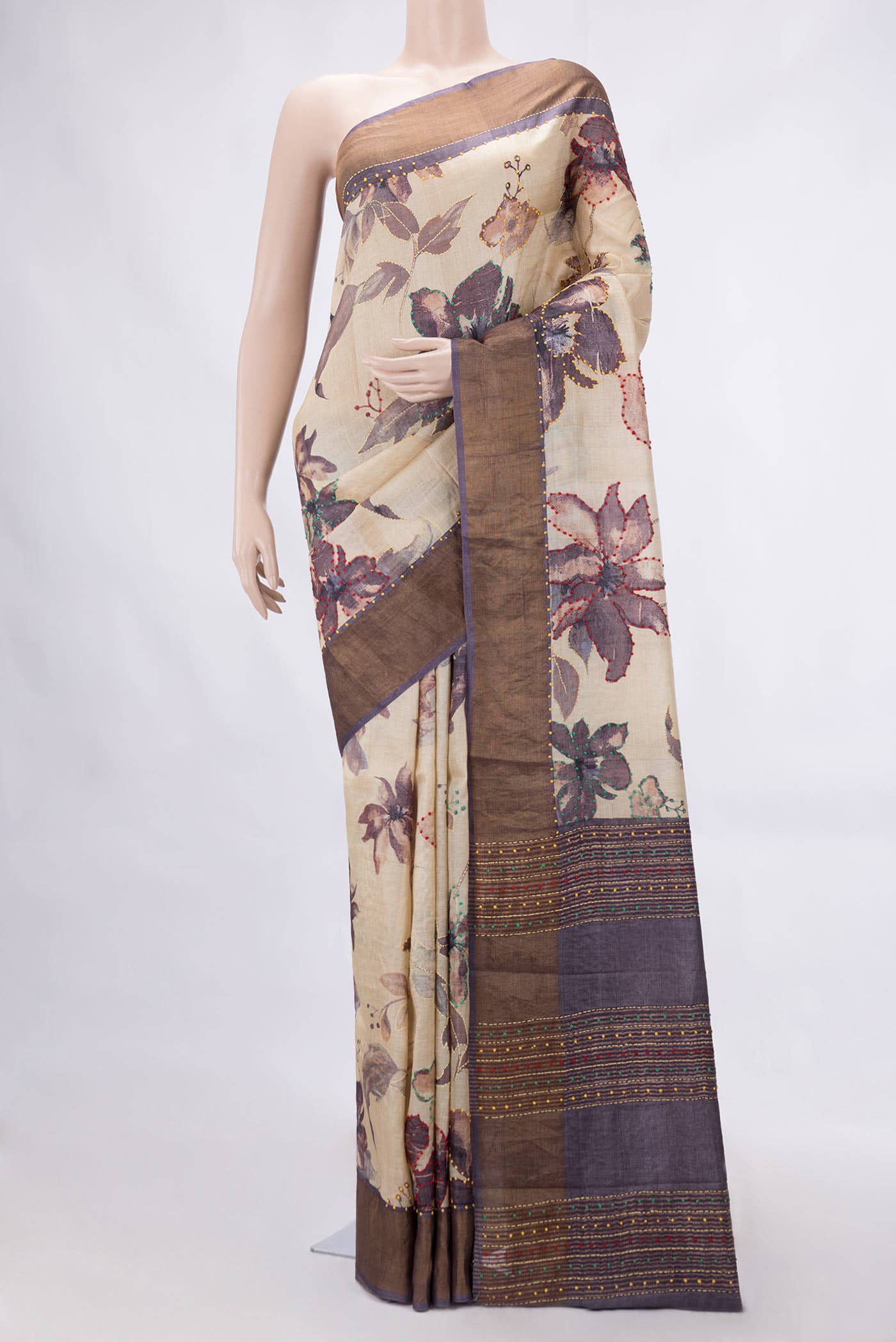 Beige Tussar Silk Saree