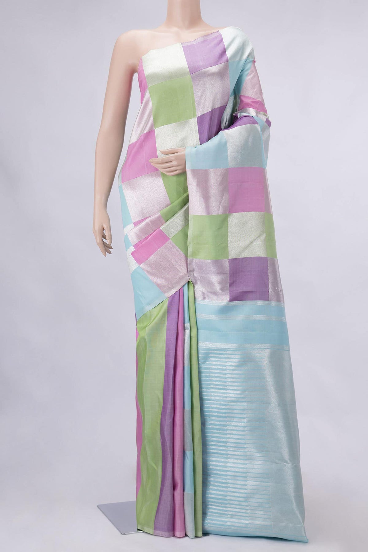Pink, Purple and Green Dual Tone Kanjivaram Silk Saree