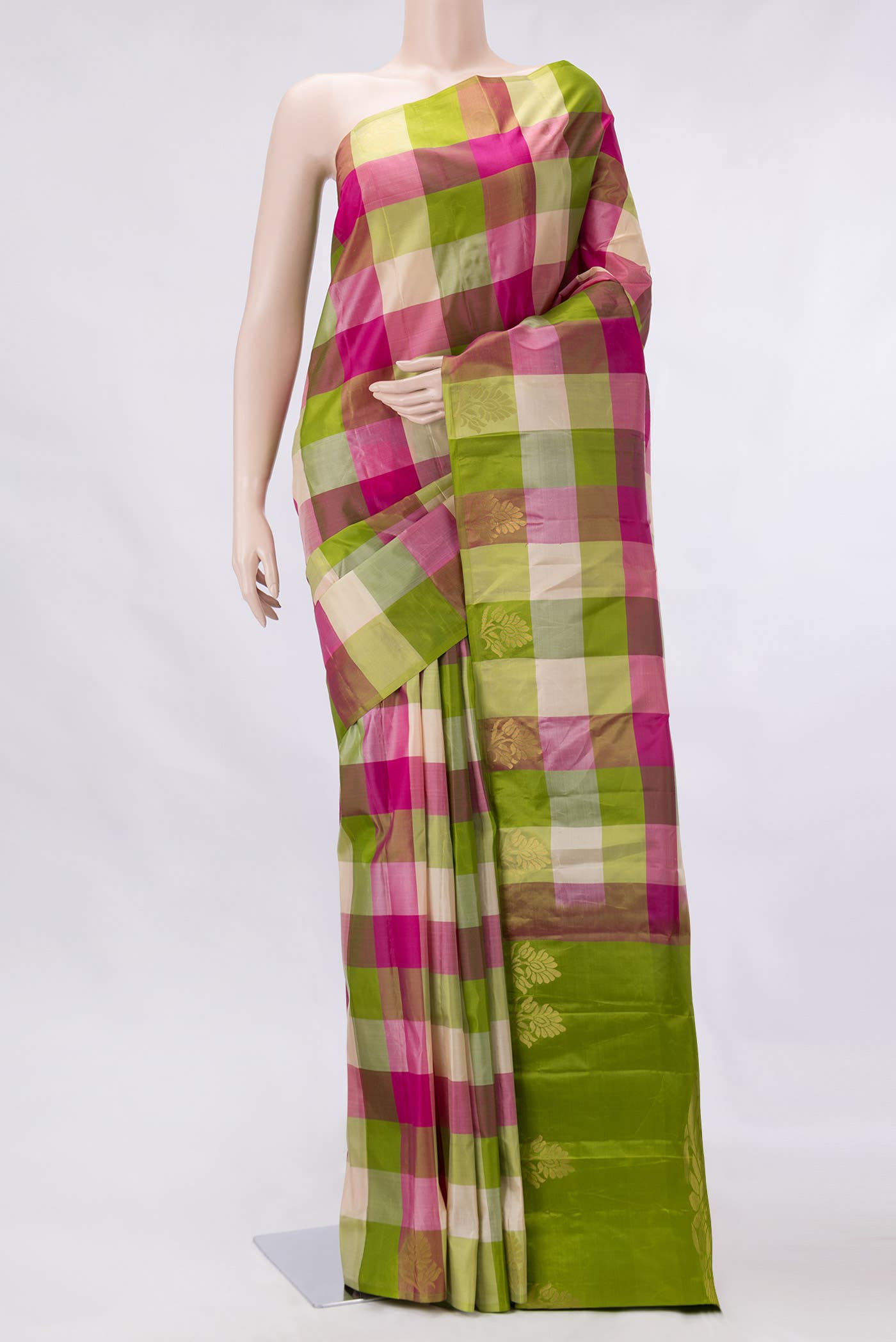 Parrot Green Pink and Sandal Dual Tone Kanchipuram Silk Saree