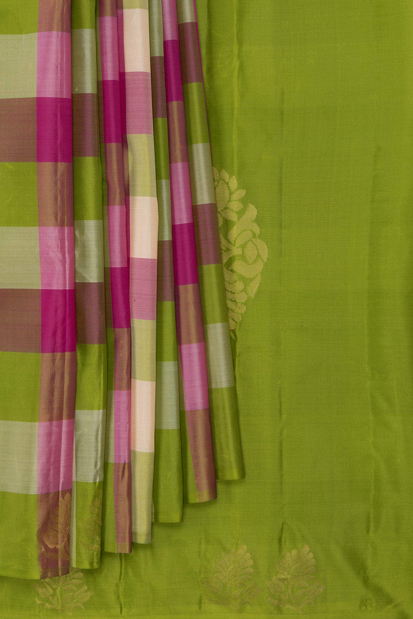 Parrot Green Pink and Sandal Dual Tone Kanchipuram Silk Saree