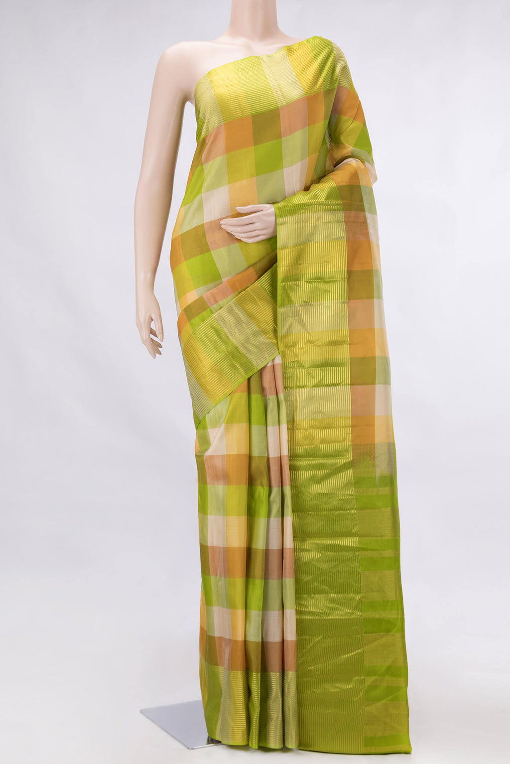 Parrot Green Sandal and Off White Dual Tone Kanchipuram Silk Saree