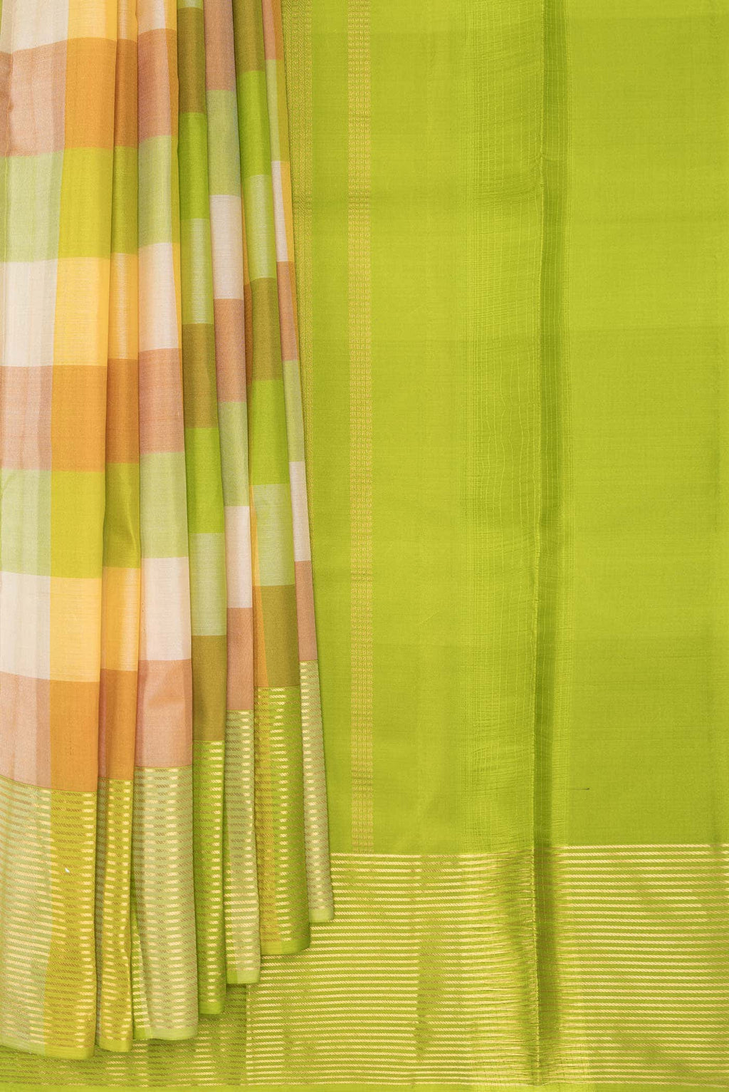 Parrot Green Sandal and Off White Dual Tone Kanchipuram Silk Saree