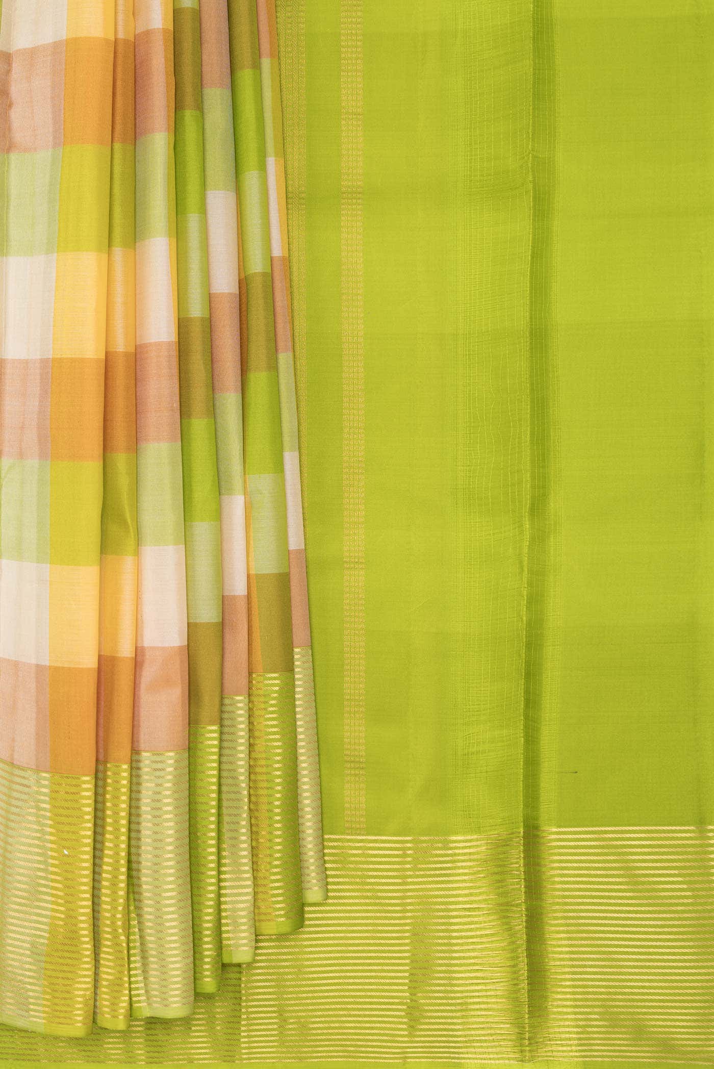 Parrot Green Sandal and Off White Dual Tone Kanchipuram Silk Saree