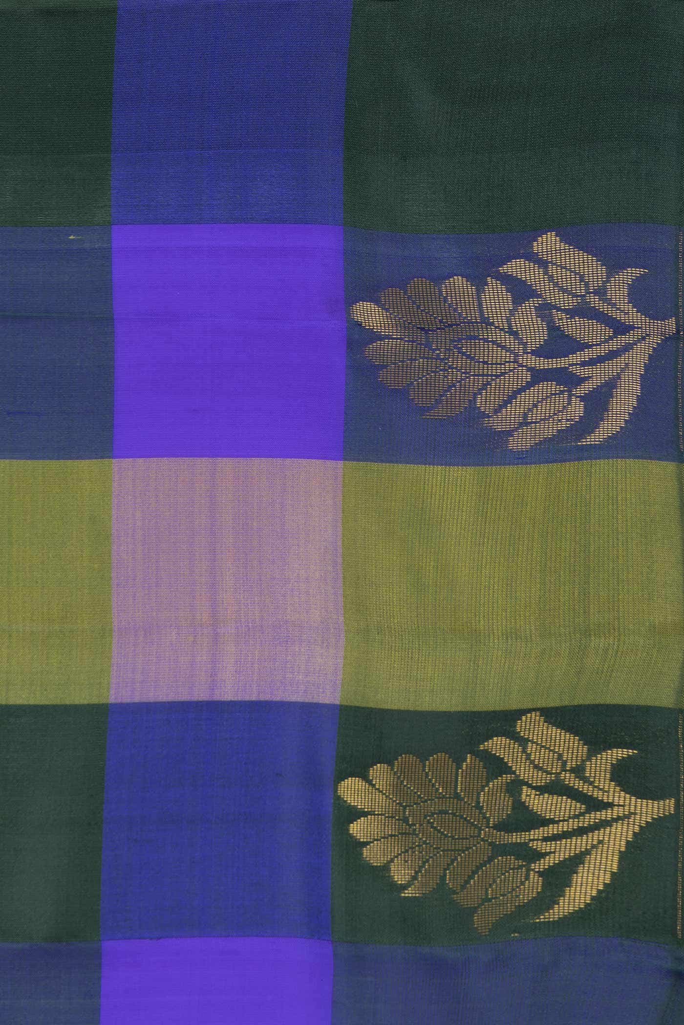 Bottle Green Navy Blue and Yellow Dual Tone Kanchipuram Silk Saree