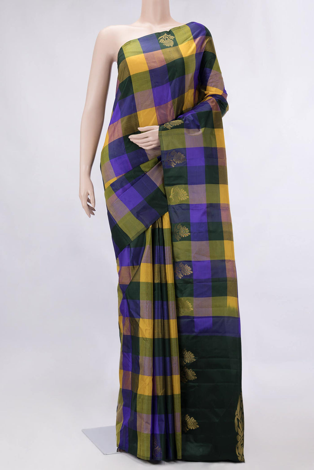 Bottle Green Navy Blue and Yellow Dual Tone Kanchipuram Silk Saree