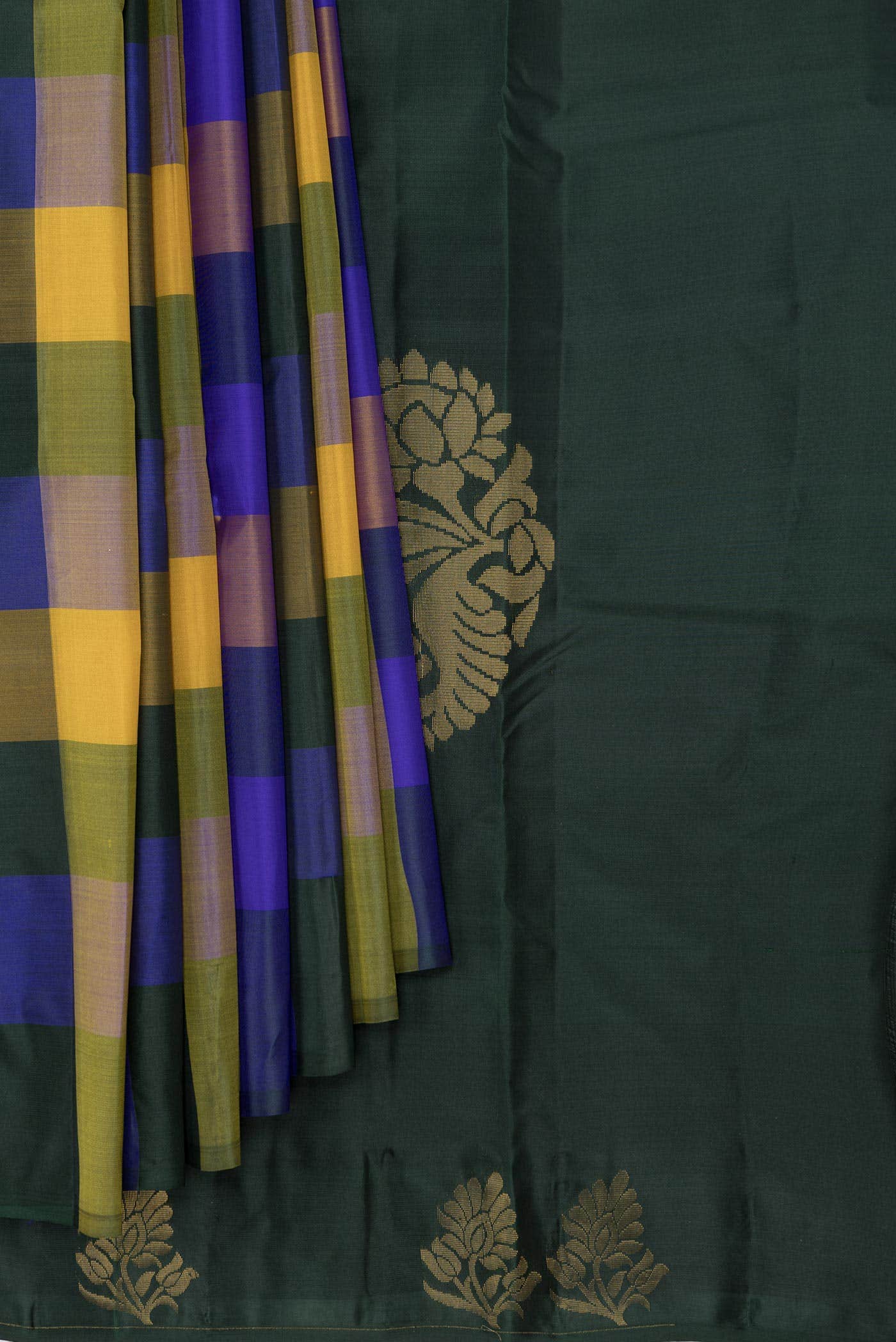 Bottle Green Navy Blue and Yellow Dual Tone Kanchipuram Silk Saree