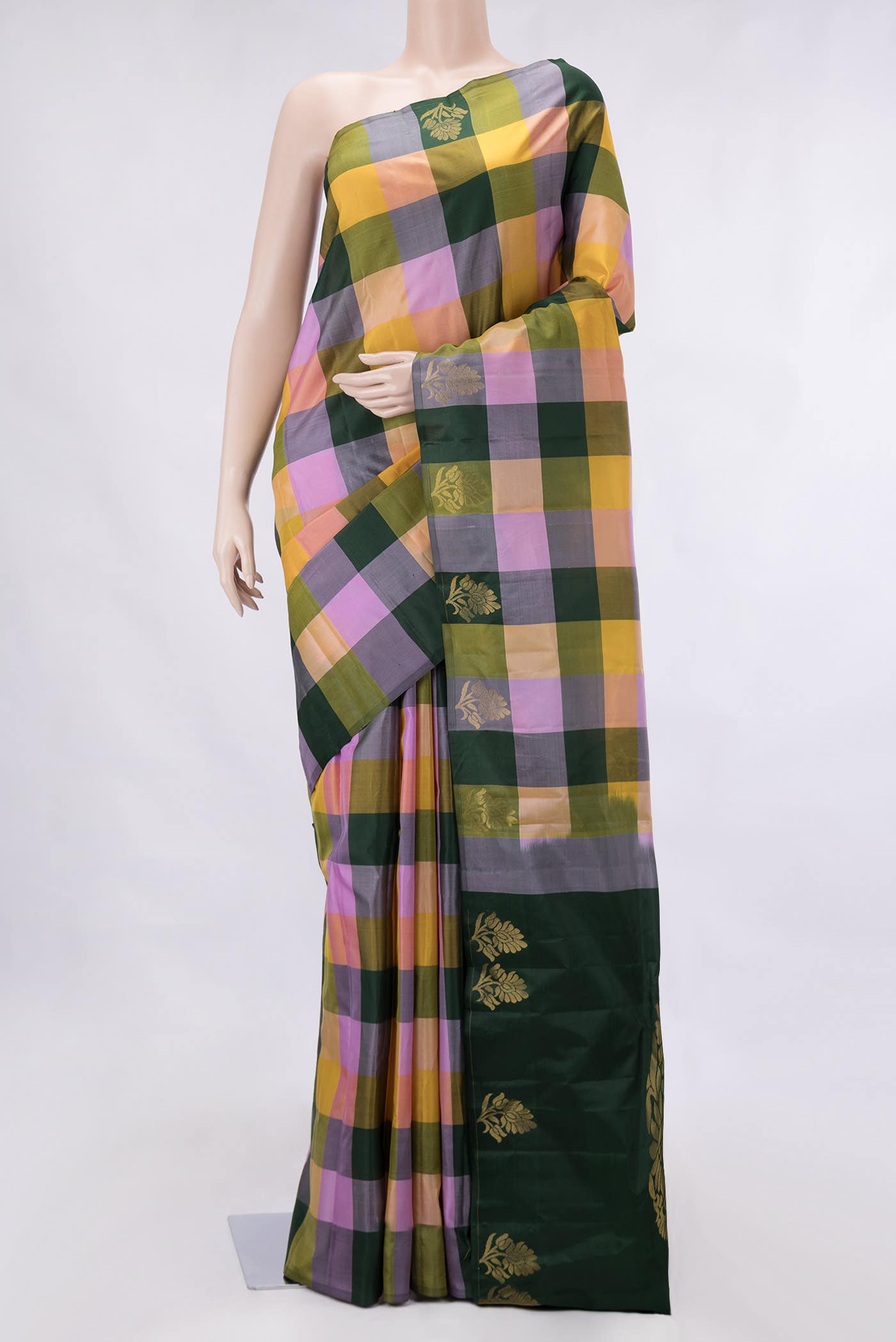 Lavender Mustard and Green Dual Tone Kanchipuram Silk Saree