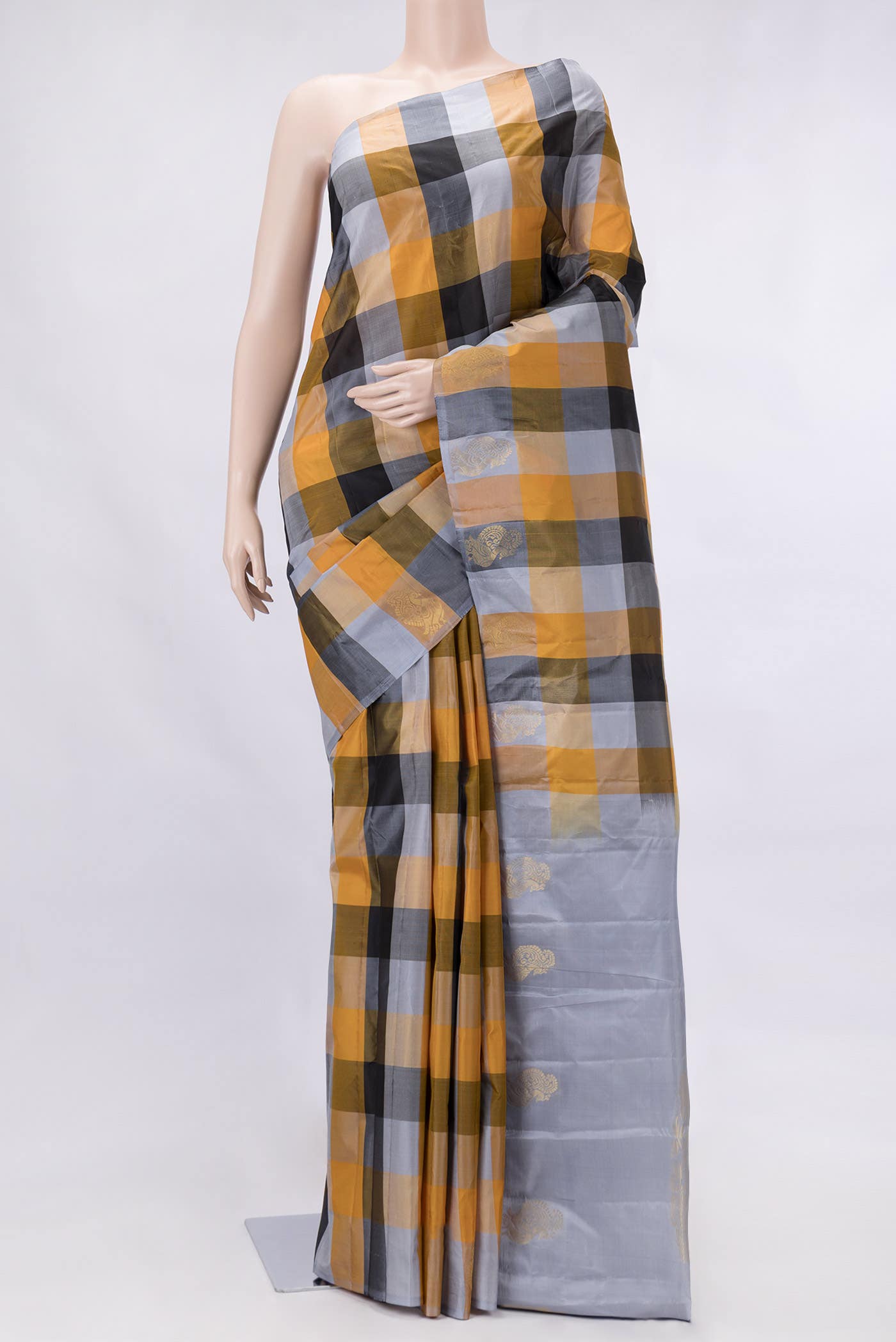 Grey Mustard and Black Dual Tone Kanchipuram Silk Saree