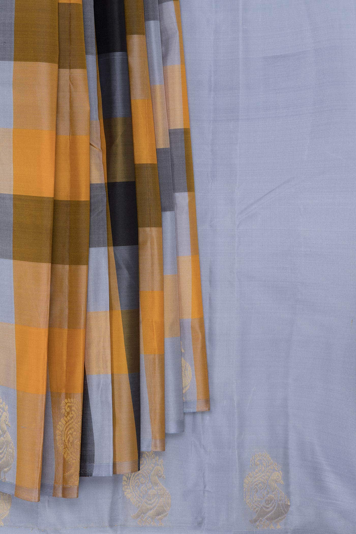 Grey Mustard and Black Dual Tone Kanchipuram Silk Saree
